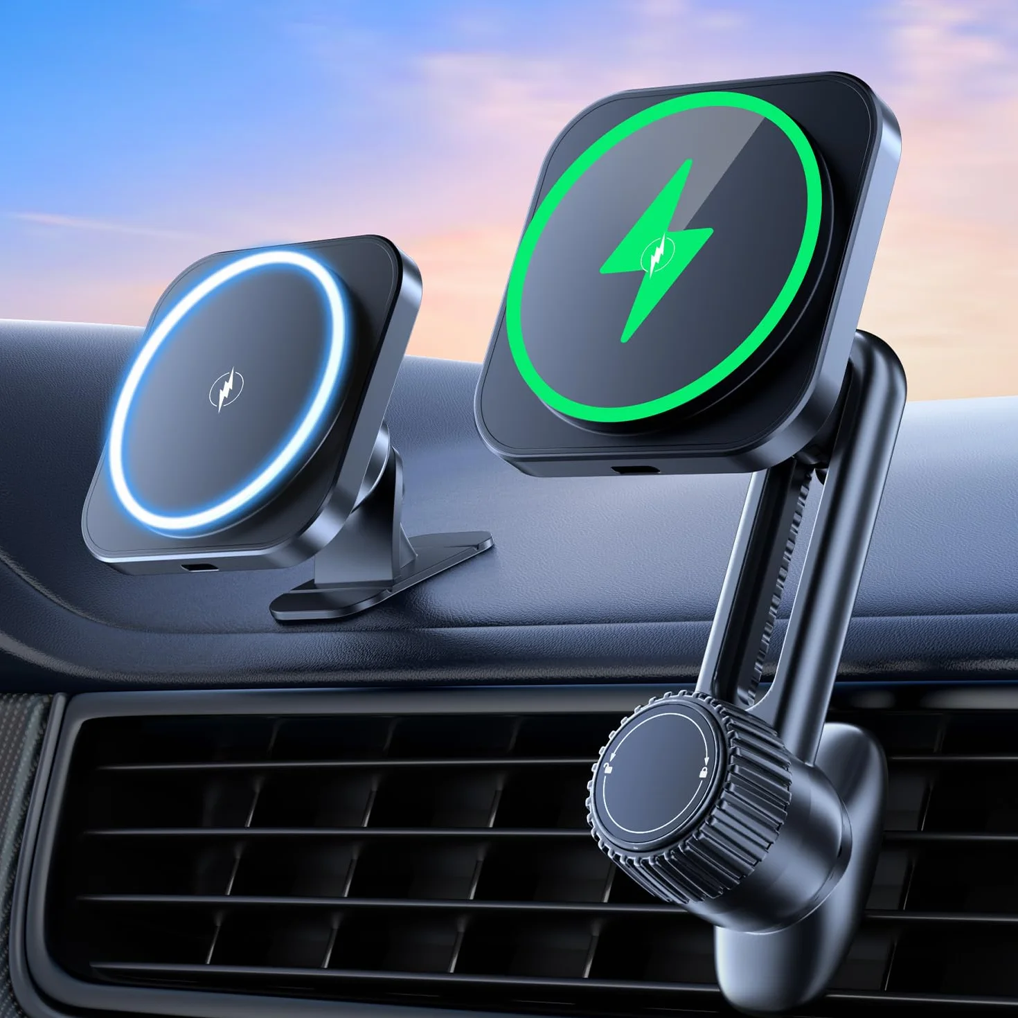 Cargador Inalambrico Coche，Accionamiento incorrecto de Las Rejillas de ventilación con una Sola Mano Carga rápida de 15 W Soporte Coche para magsafe para Serie iPhone 15/14/13/12 Pro Plus MAX