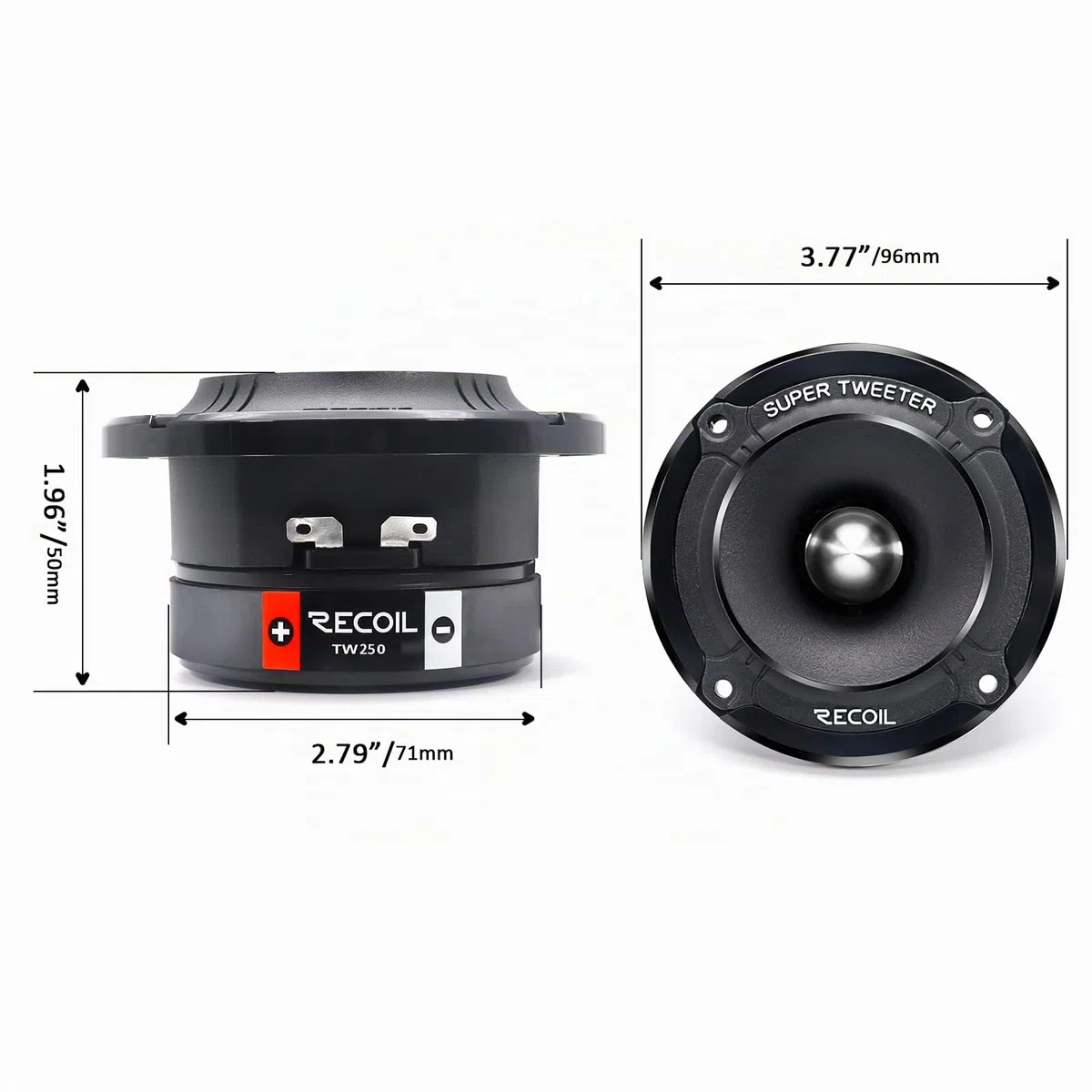 RECOIL TW250 Super tweeters Tipo Bala 3.5" (96mm) para Auto, Alta Compresión, Bobina de Voz Kapton, Aluminio, 400W Máx / 200W RMS