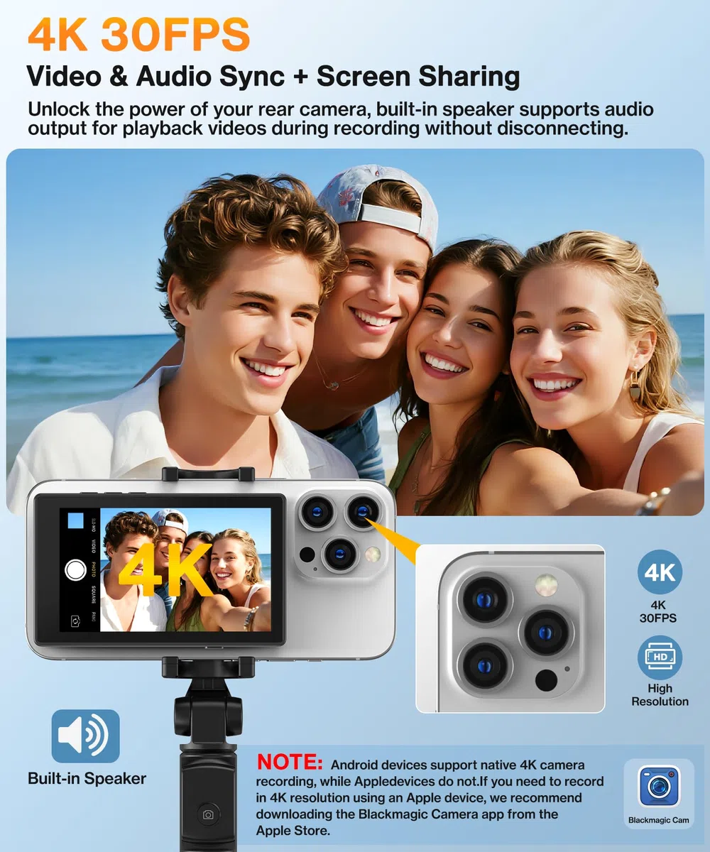Monitor de teléfono para vlog y selfie, Axrye 1080P inalámbrico con cámara trasera de fijación magnética, altavoz incorporado y control remoto compatible con iOS, Android, YouTube, TikTok