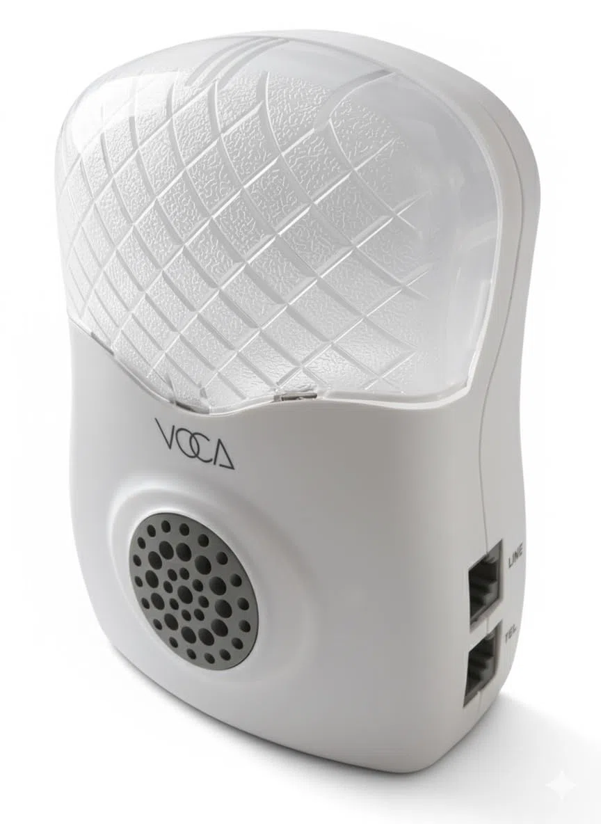 Amplificador de timbre telefónico VOCA: Aumenta hasta 120 dB con potente luz LED estroboscópica de notificación para teléfonos fijos. Se puede montar en la pared. Ideal para entornos ruidosos y con di