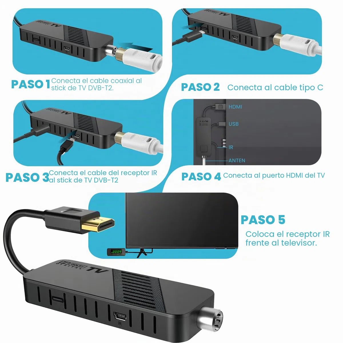 Hd-line Decodificador Digital terrestre DVB-T2 2024, Full HD 1080P, Mando a Distancia Bluetooth, Oculto detrás de la TV, Pantalla Digital, H265 HEVC 10 bits
