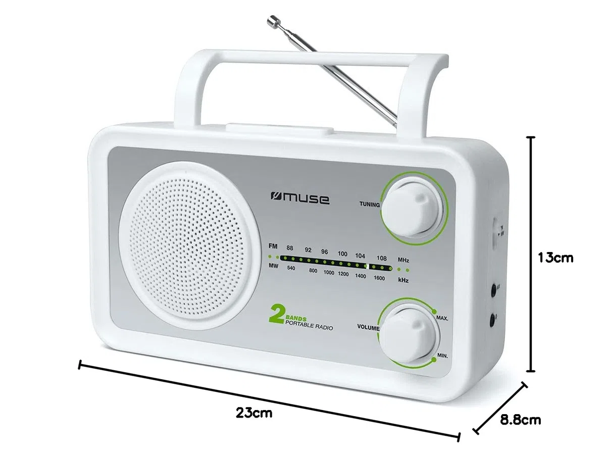 Muse M-06 SW - Radio (Portátil, Analógica, FM,MW, Plata, Blanco, Monótono, Giratorio)