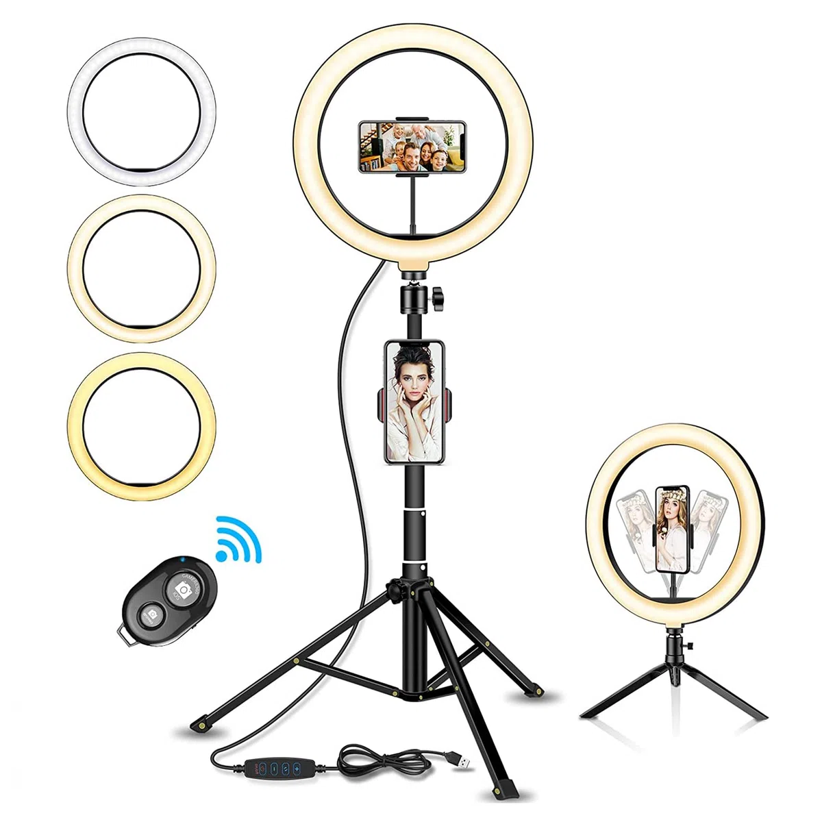 Aro de Luz con tripode, Aro 25cm 2 Trípodes hasta 160cm, Luz Bicolor con Control Remoto Bluetooth, Incluye 3 Pinzas para Móvil Vivo de Youtube, Tiktok, Facebook, fotografia