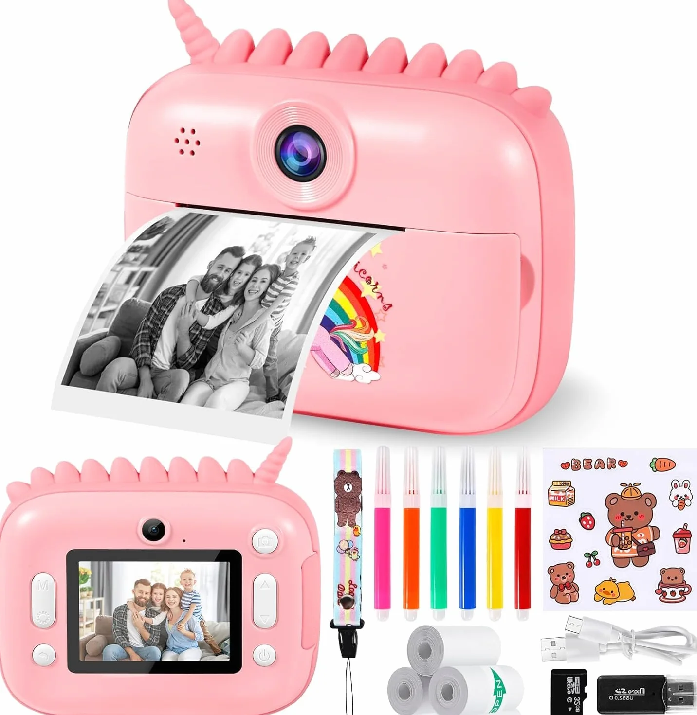 Camara Fotos Infantil Instantanea, 2.4" HD 1080P Cámara para Niños con Tarjeta SD de 32GB,Bolígrafos de Colores y Papel de Impresión,Regalos Juguete