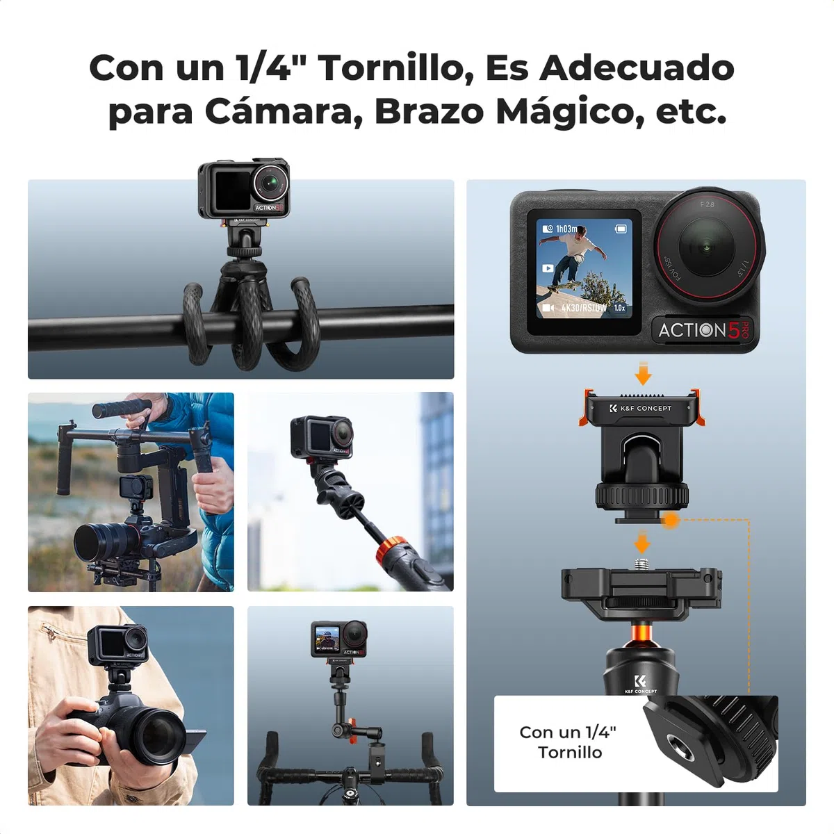 K&F Concept Soporte Adaptador Magnético con Zapata Fría para dji Osmo 360, Action 5 Pro, Adaptador Soporte de Expansión con Zapata Fría, Rosca 1/4" Compatible con dji Osmo 360, Action 5 Pro/4/3