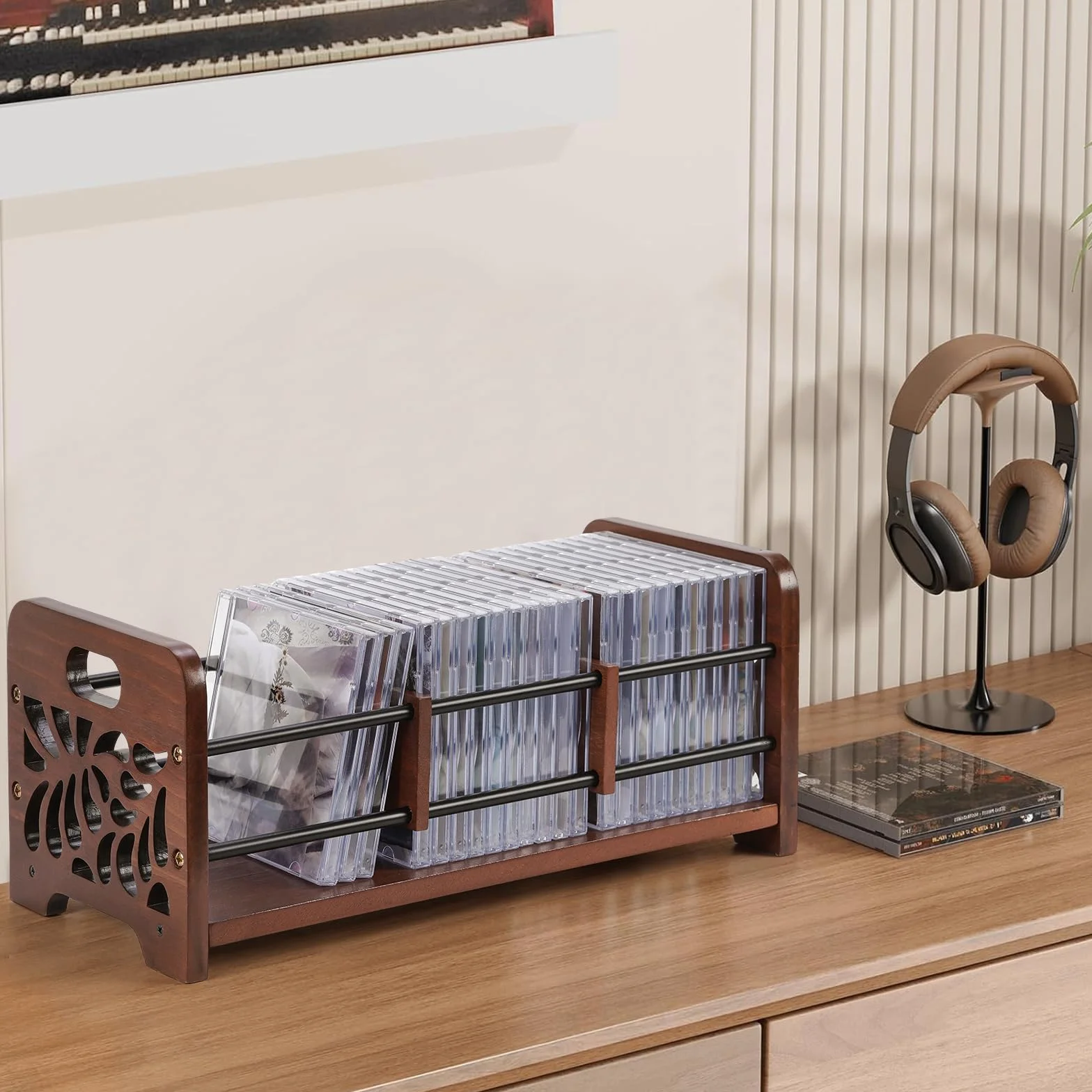Soporte de madera para CD, soporte para CD y DVD, con asas, diseño de esqueleto de flores, también para revistas y libros