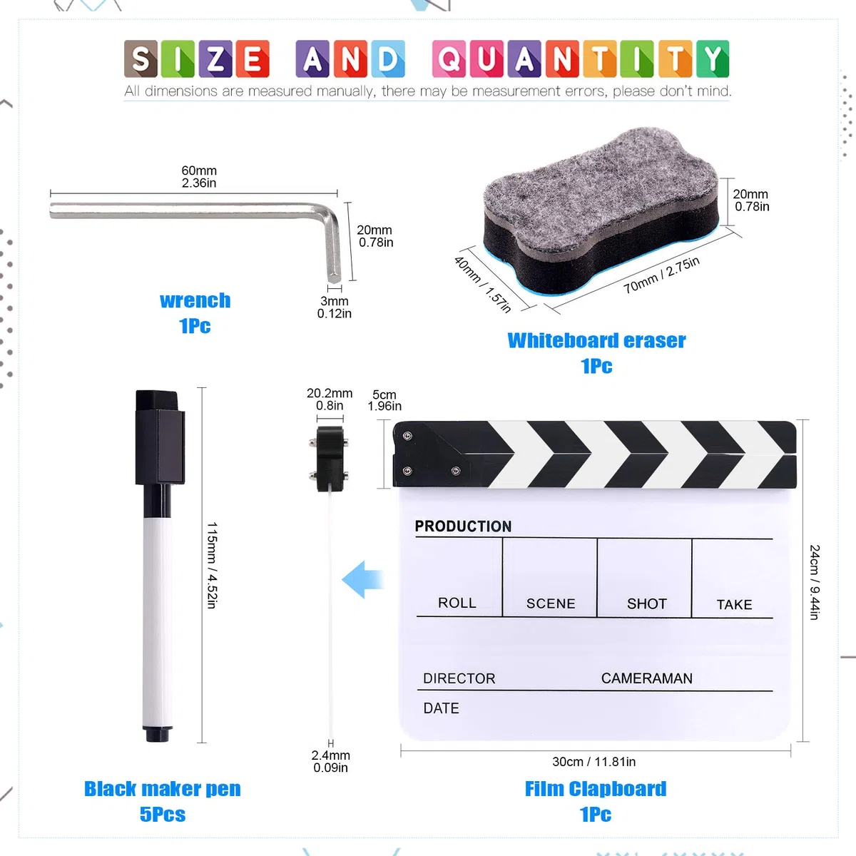 Glarks Juego de 8 tablillas para directores de película acrílica de 25,4 x 30,4 cm, tablero de clapper de Hollywood con borrador y llave hexagonal para producción de películas y fiestas temáticas