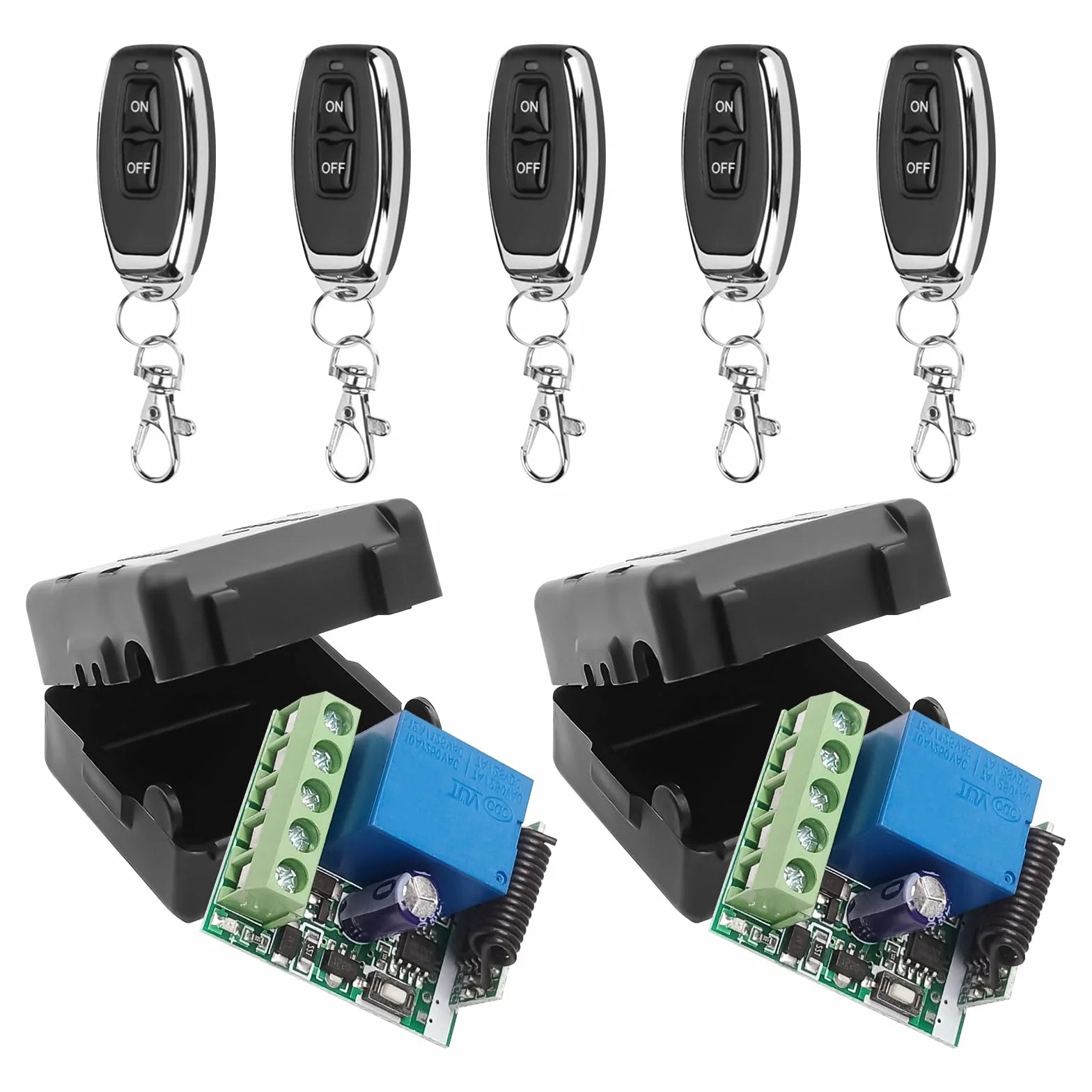 Mando a distancia inalámbrico 433MHz DC 12V 1CH RF Relé receptor módulo con transmisor de larga distancia para puerta de garaje (2 receptores + 5 mandos a distancia)