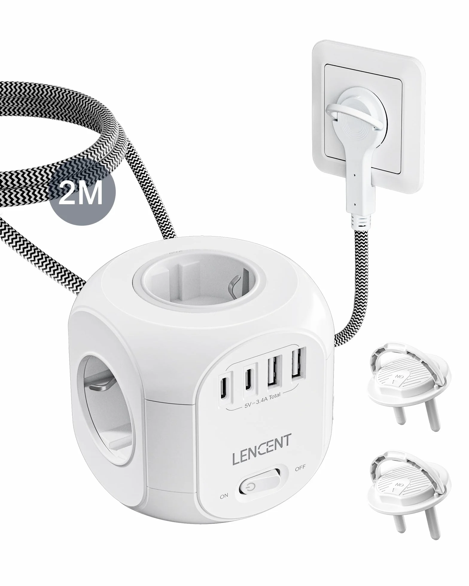 LENCENT Cubo Regleta Enchufes 2M con Enchufe Plano Regleta para Uso Interior, Regleta Enchufes Plano con 4 Tomas de CA, 3 USB, 1 Tipo C y 2 Cubiertas Protectoras para Familia, Cocina y Oficina