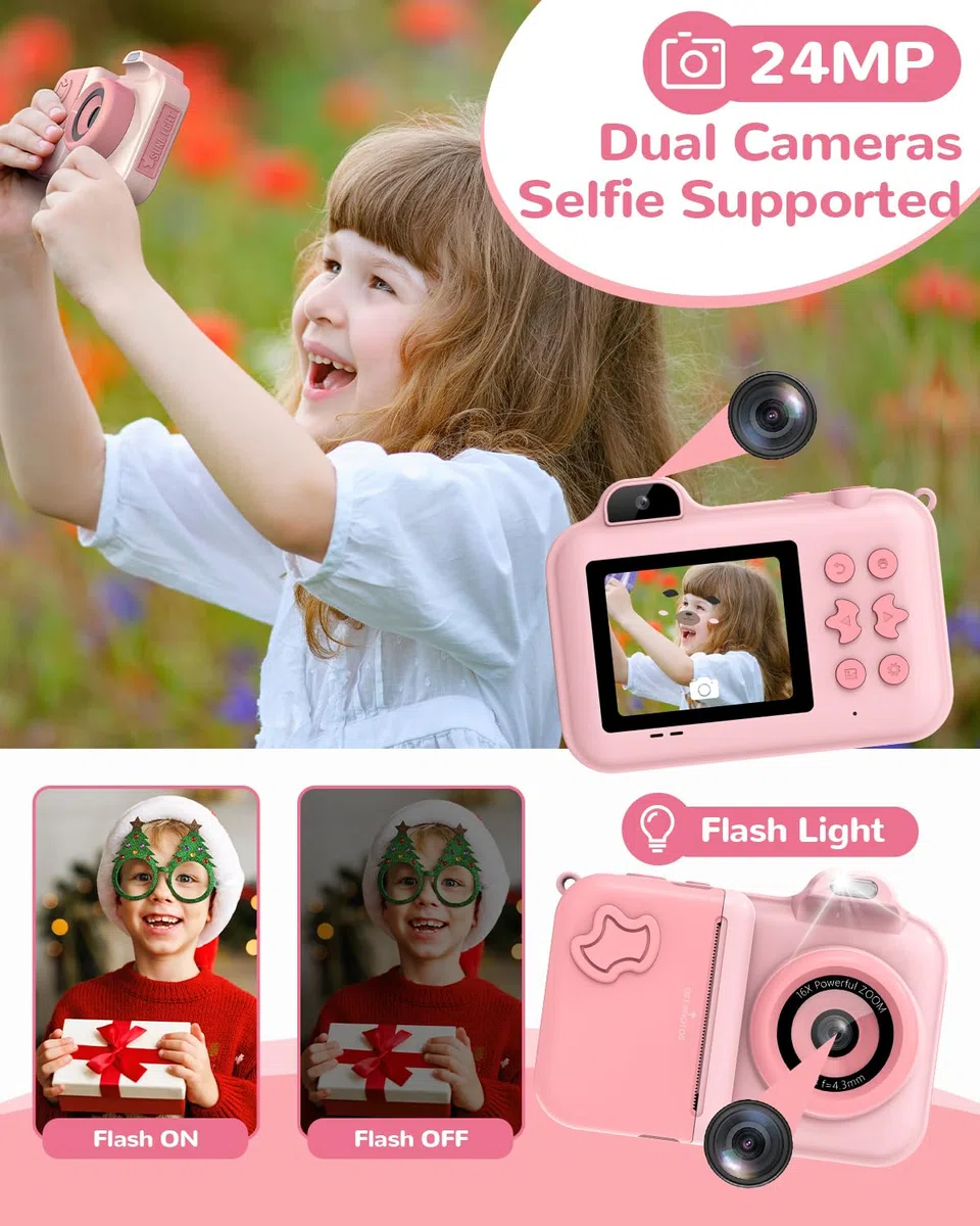 Camara Fotos Infantil Instantanea, 2,4'' Cámara Digital con Camara Dual, 24MP/1080P HD Video Cámara, Tarjeta 32GB, 5 Rollos Papel de Impresión, Regalos Juguete para Niños y Niñas de 3-8 Años Rosa