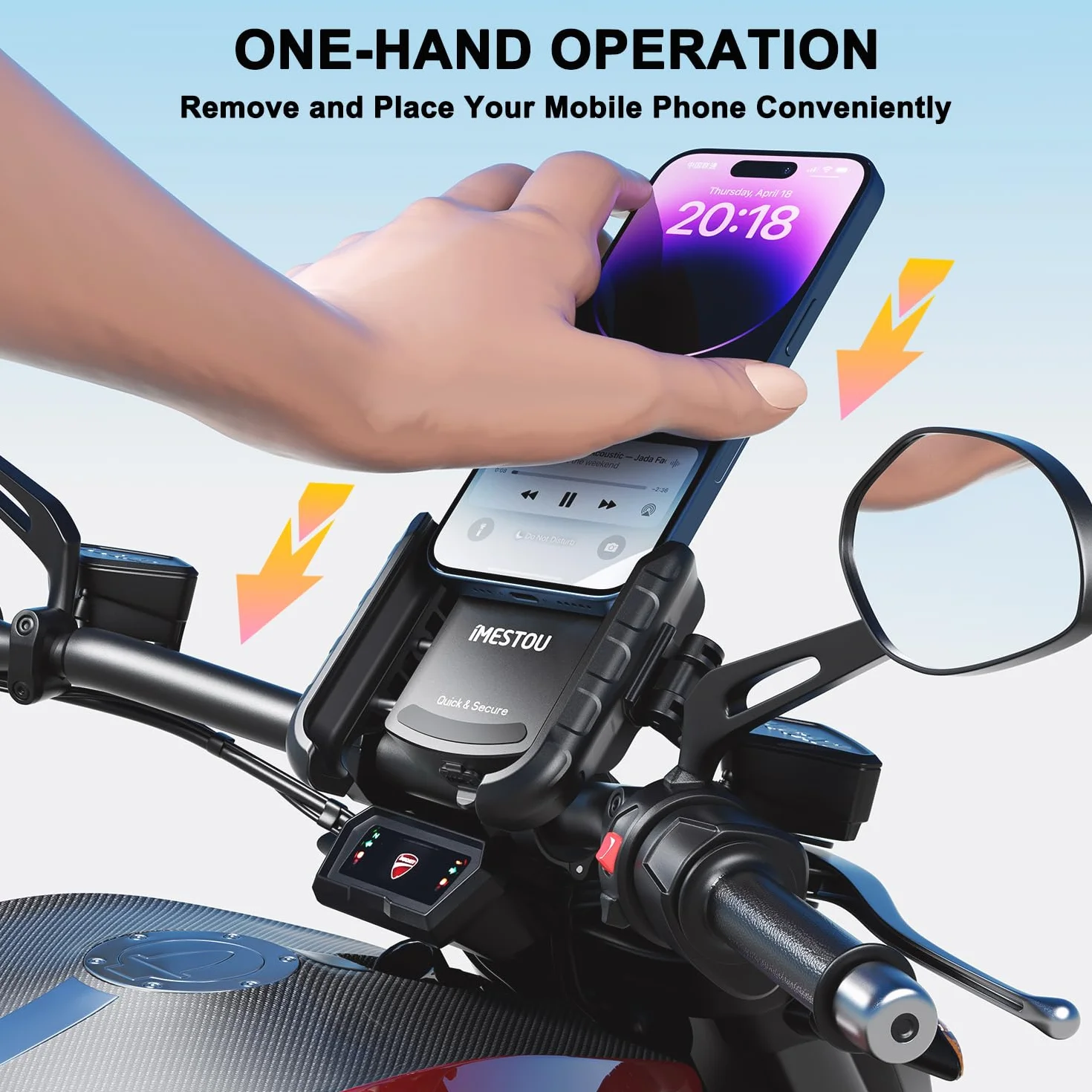 iMESTOU Aluminio Soporte Móvil Moto con USB Cargador, Carga Rápida Soporte Movil USB C para Moto, Compatible con Teléfonos de 5.4" a 7.2" de Hasta 15 mm de Grosor, se Adapta a Manillares de 12 a 32 mm