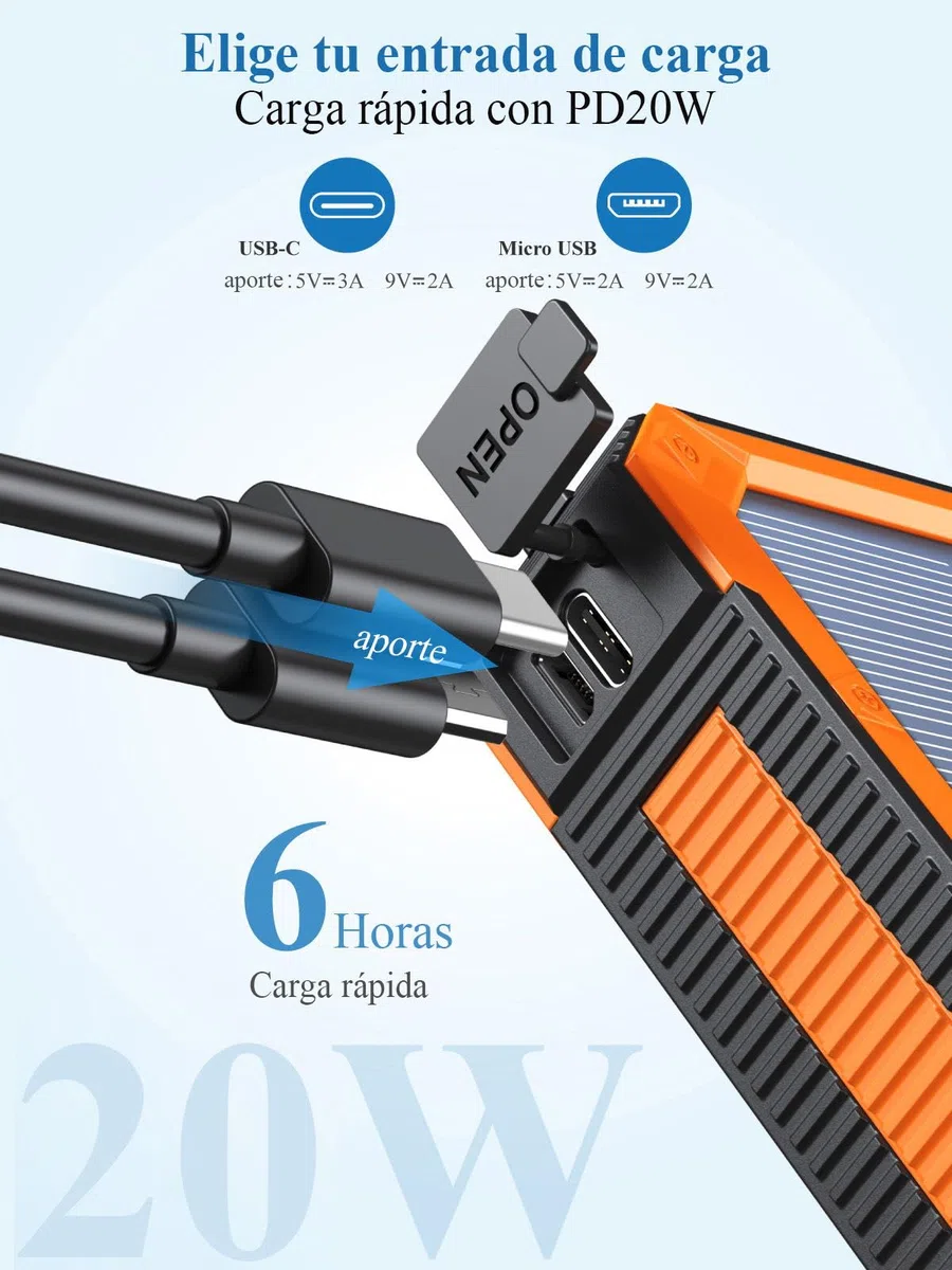 Cargador Solar 20000mAh PD20W Batería Externa Solar Power Bank Cargador Portátil USB C Carga Rápida Compatible con Teléfono Tableta
