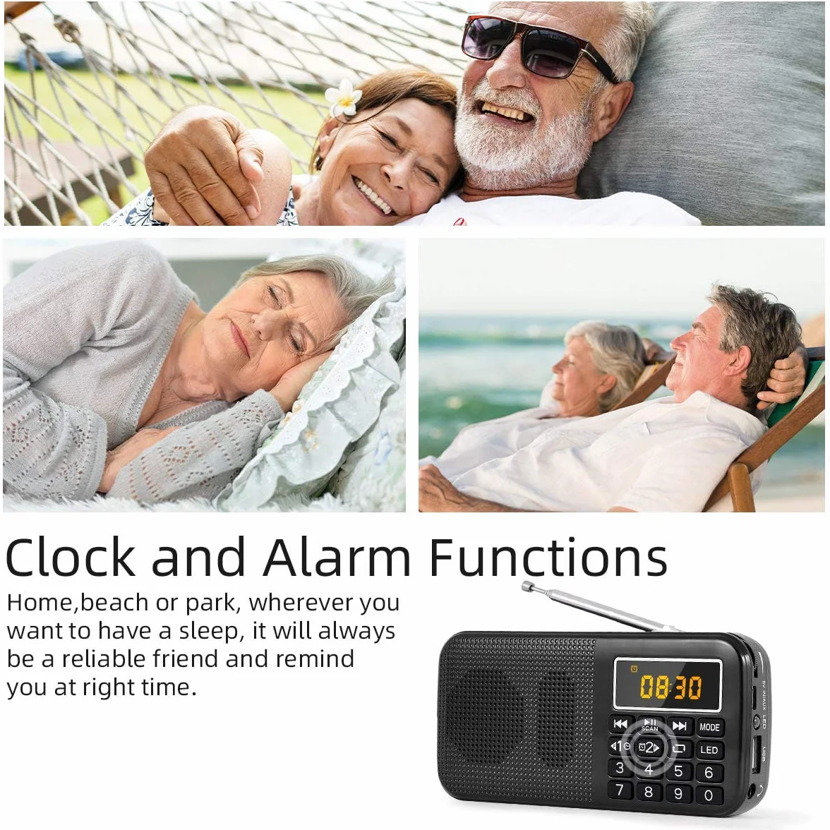 PRUNUS J-725 FM Radio Portatil Pequeña, Reloj Digital Despertador, Bateria Recargable de 3000mAh, Reproductor de AUX/USB/SD con Altavoz de 3W, y Linterna LED(Negra)