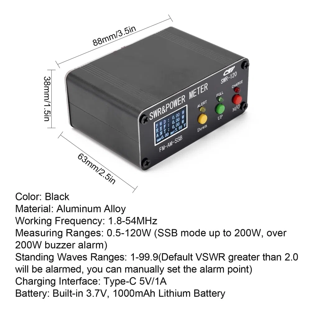 HUIOP Medidor de Roe Medidor de Onda estacionaria de Potencia Digital SWR de 120 W Medidor de Onda Corta de 1,8-54 Modos FM Am SSB Medidor de Potencia Compatible con SWR/Potencia Ajustable y función