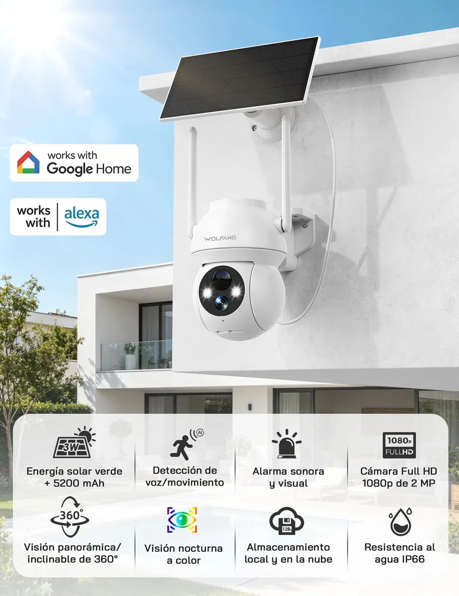 WOLFANG Cámara de Seguridad Solar 1080P para Exteriores, cámara WiFi PTZ de 360° (Solo 2.4G), detección de Movimiento PIR, visión Nocturna a Color, Audio bidireccional, IP65, Funciona con Alexa y