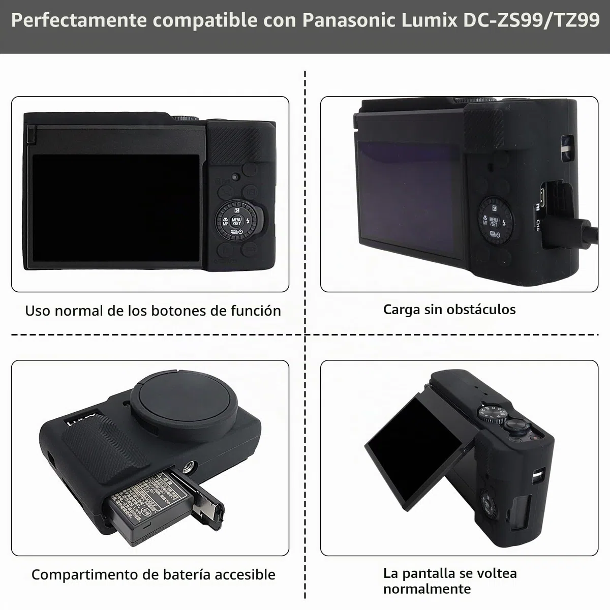 Rieibi Funda de Silicona para Cámara Panasonic Lumix ZS99/TZ99, Accesorios para Panasonic Lumix ZS99/TZ99 Funda Incluyendo 2 Piezas de Protector de Pantalla, Tapa de Lente Desmontable, Negro