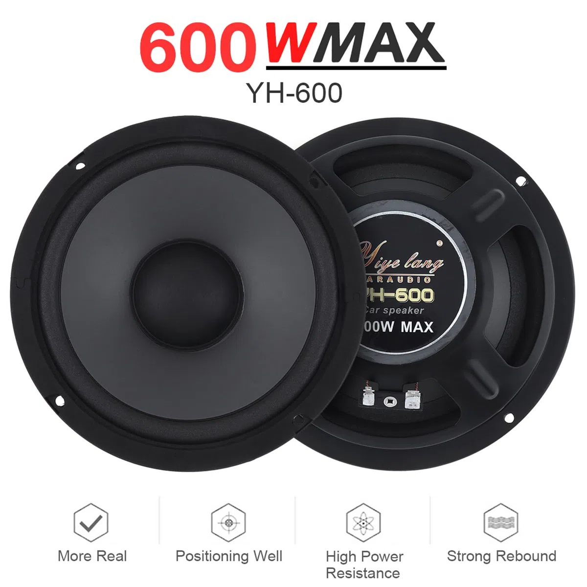 Shkalacar Altavoz Estéreo Coaxial de 6,5 Pulgadas para Coche - 600 W, 2 Vías, 1 Par - Sistema Estéreo de Calidad de Sonido