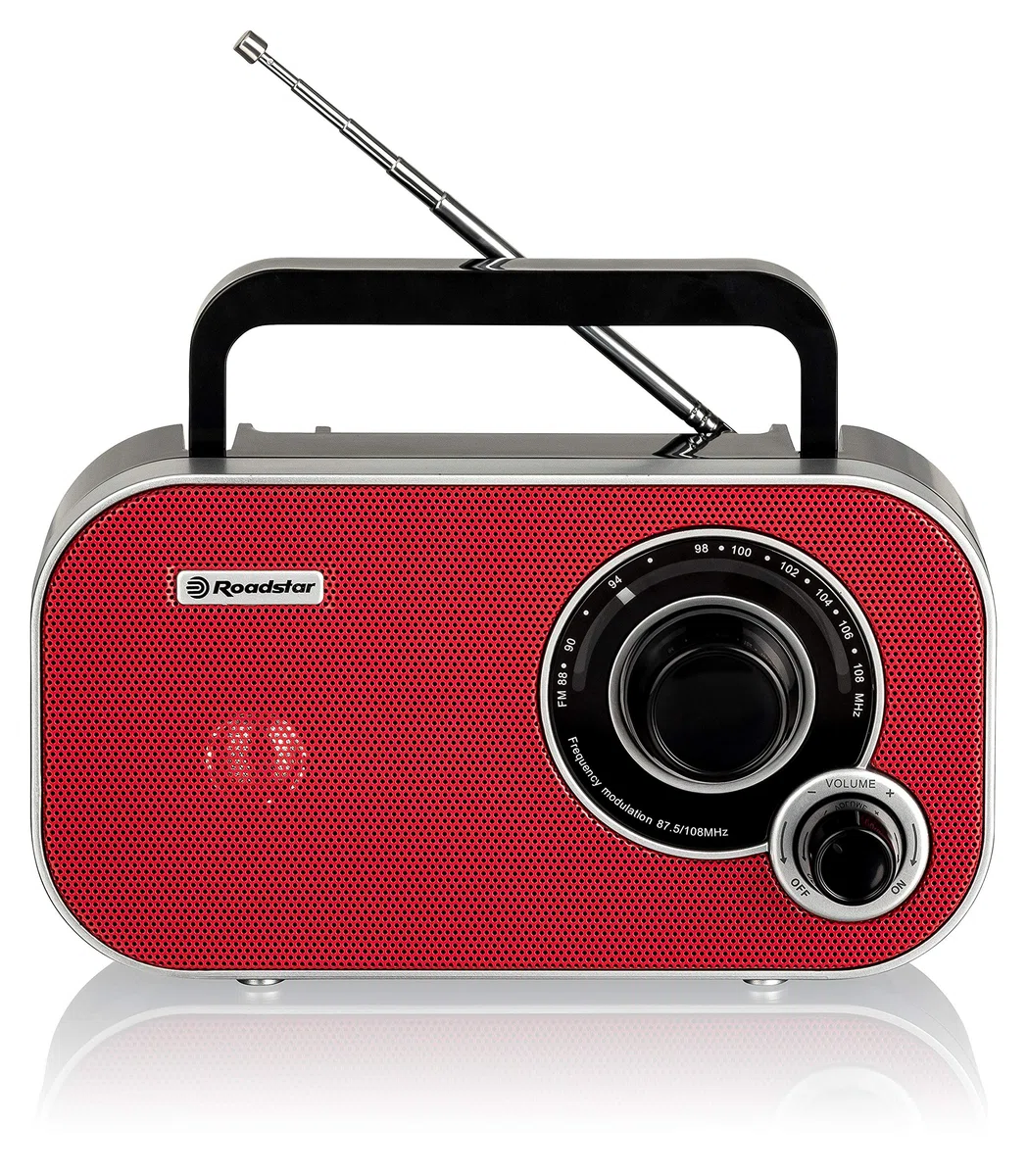 Roadstar TRA-2235RD Radio Portátil FM Analógica, Funciona a Red/Pilas, Toma de Auriculares, Transistor Pequeño y Ligero para Casa, Cocina, Altavoz 6.4W, Excelente Recepción, Rojo