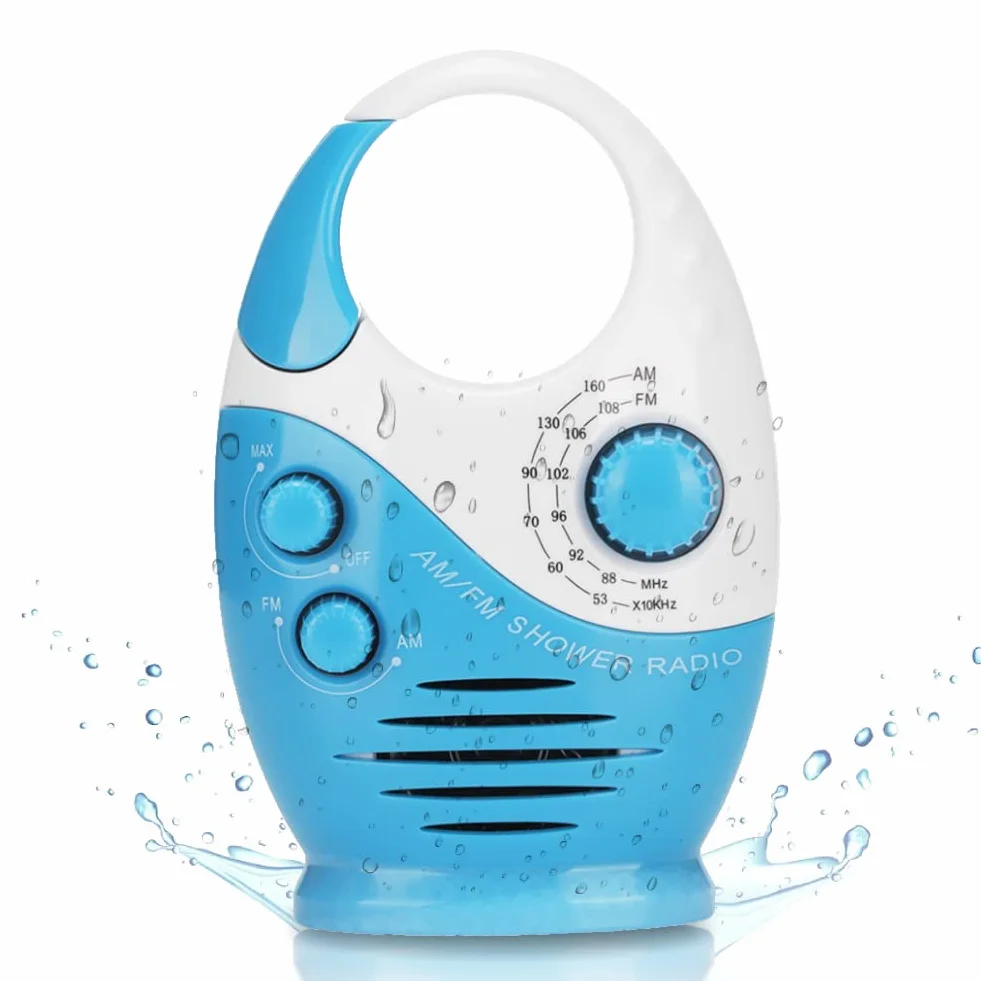 Yunseity Radio de Ducha a Prueba de Agua, Radio Am FM Portátil con Diseño de Gancho, Altavoz Incorporado de Radio con Batería, para Baño Cocina Uso Al Aire Libre (Azul)