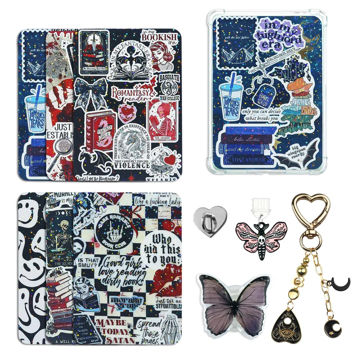 Bonito juego de tarjetas de inserción para Kindle, 6 diseños temáticos de libro con dijes para Kindle y tapones antipolvo USB-C, para 11ª/12ª generación, 6.8 x 4.8 pulgadas (negro 2)