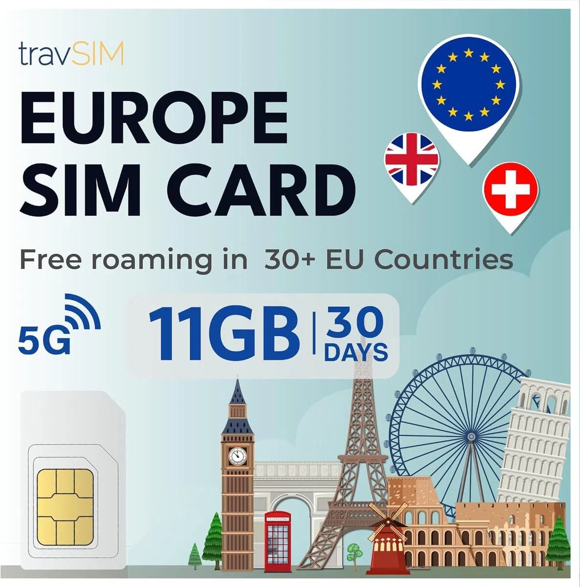 travSIM Tarjeta SIM de prepago para Europa | 12GB de Datos móviles a Velocidad 4G/5G | Esta Tarjeta SIM para Europa, Incluyendo Reino Unido y Suiza | Válida Durante 30 días
