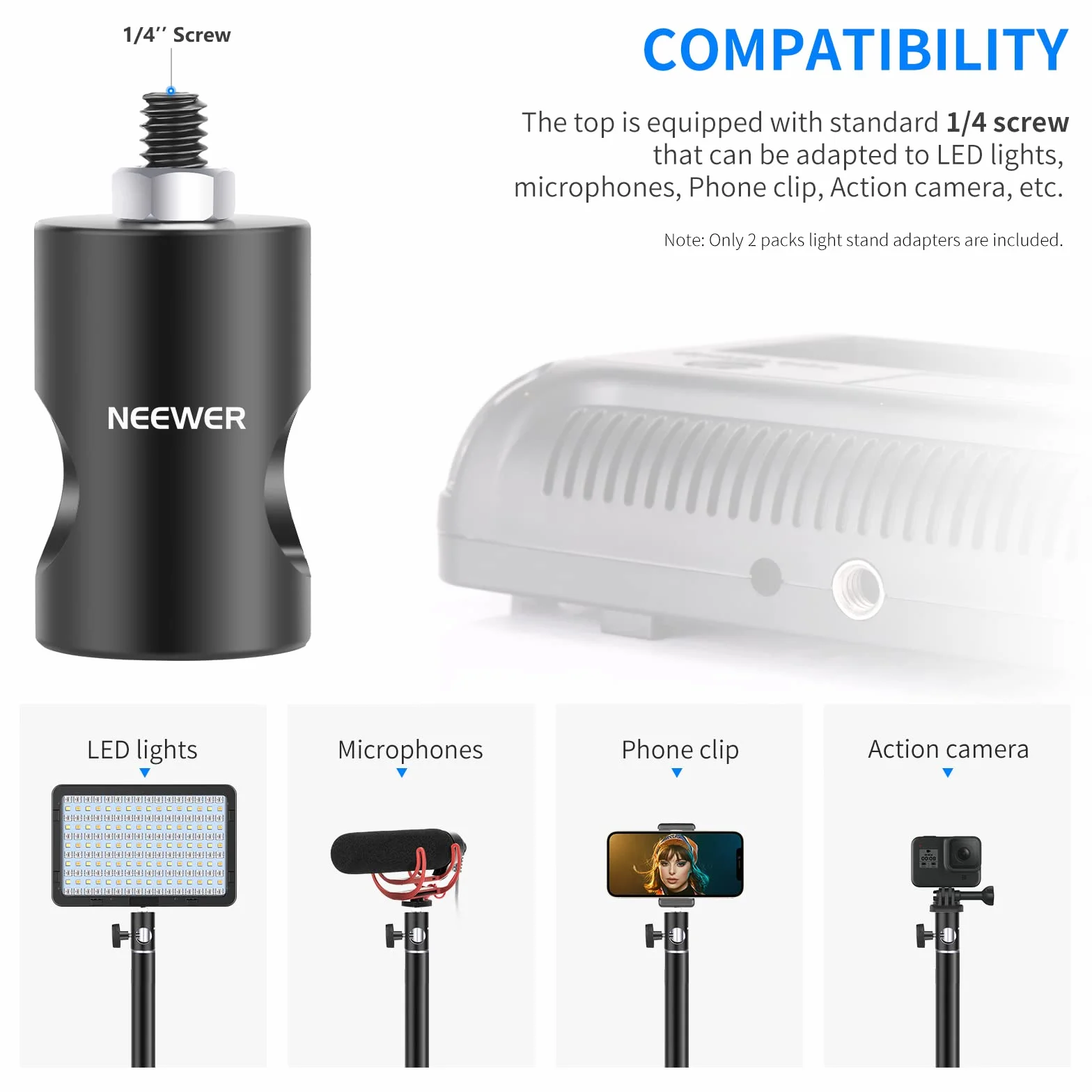 NEEWER Adaptador Conversión Rápida con Tornillo 1/4" (Paquete de 2), Adaptadores Multifuncional Puntas Soportes Luz para Montaje Monitores Estudio, Montura Cámara Trípodes Luz Fotografía Video— ST12