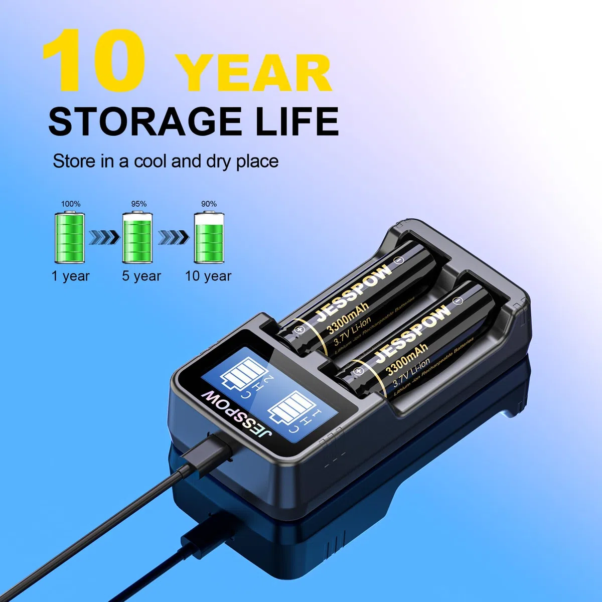 3.7 Volt Pilas Recargables con Cargador, 3300mAh Top Plana Li-Ion Recargable Batería Adecuado para Linternas, Cámaras, Ventiladores Pequeños (Paquete de 2, 18 X 65 mm)