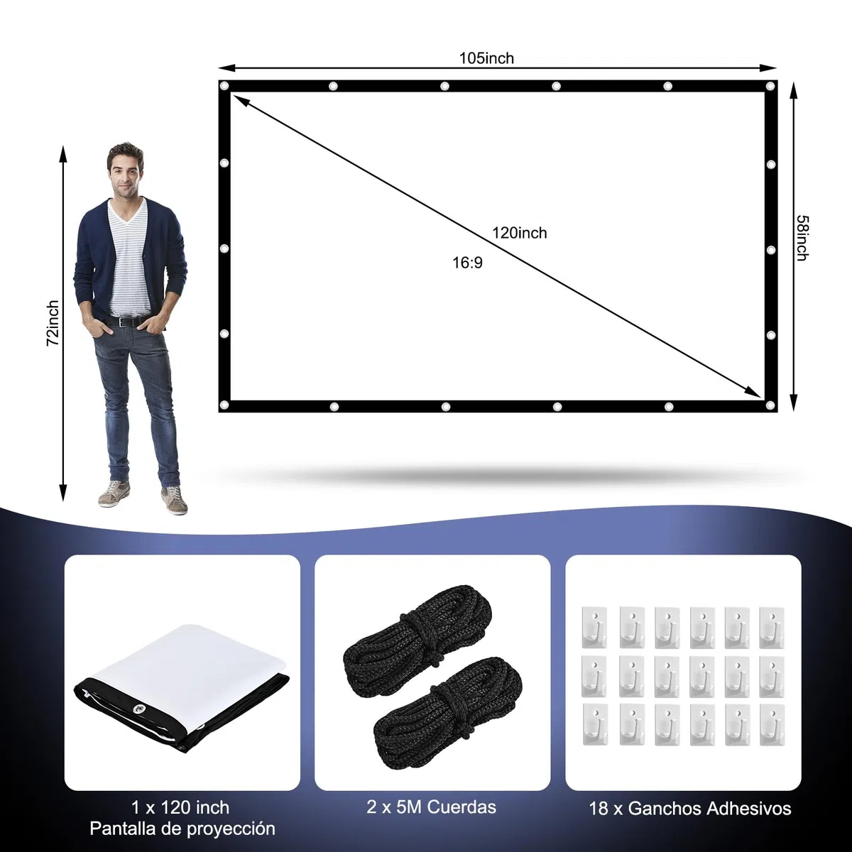 HOPFROG 100 Pulgadas Pantalla Proyector Portátil, Tela de Seda de Leche Lavable y Antiarrugas, 16:9 4K HD Doble Cara Plegable para Camping Exterior y Cine en Casa, Fácil Instalación con Ganchos