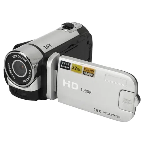Grabadora de Cámara Digital, Videocámara Full HD 1080P 16MP, Cámara Vlogging con Pantalla Giratoria de 2,4, Zoom Digital 16X, Luz de Relleno, Antivibración, para Principiantes Silver