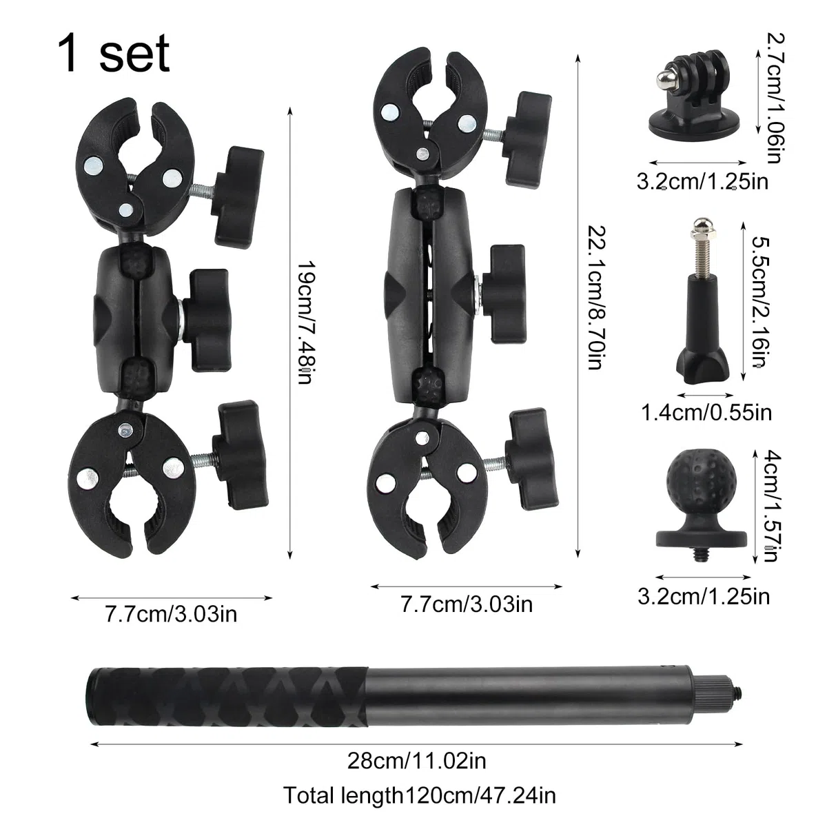 Soporte de Cámara Accesorio para Insta360 x5x4X3X2 Kit de Moto para Rotación de 360 Grados Doble Abrazadera Doble Estabilidad Soporte de Moto（120 cm con Palo Selfie）