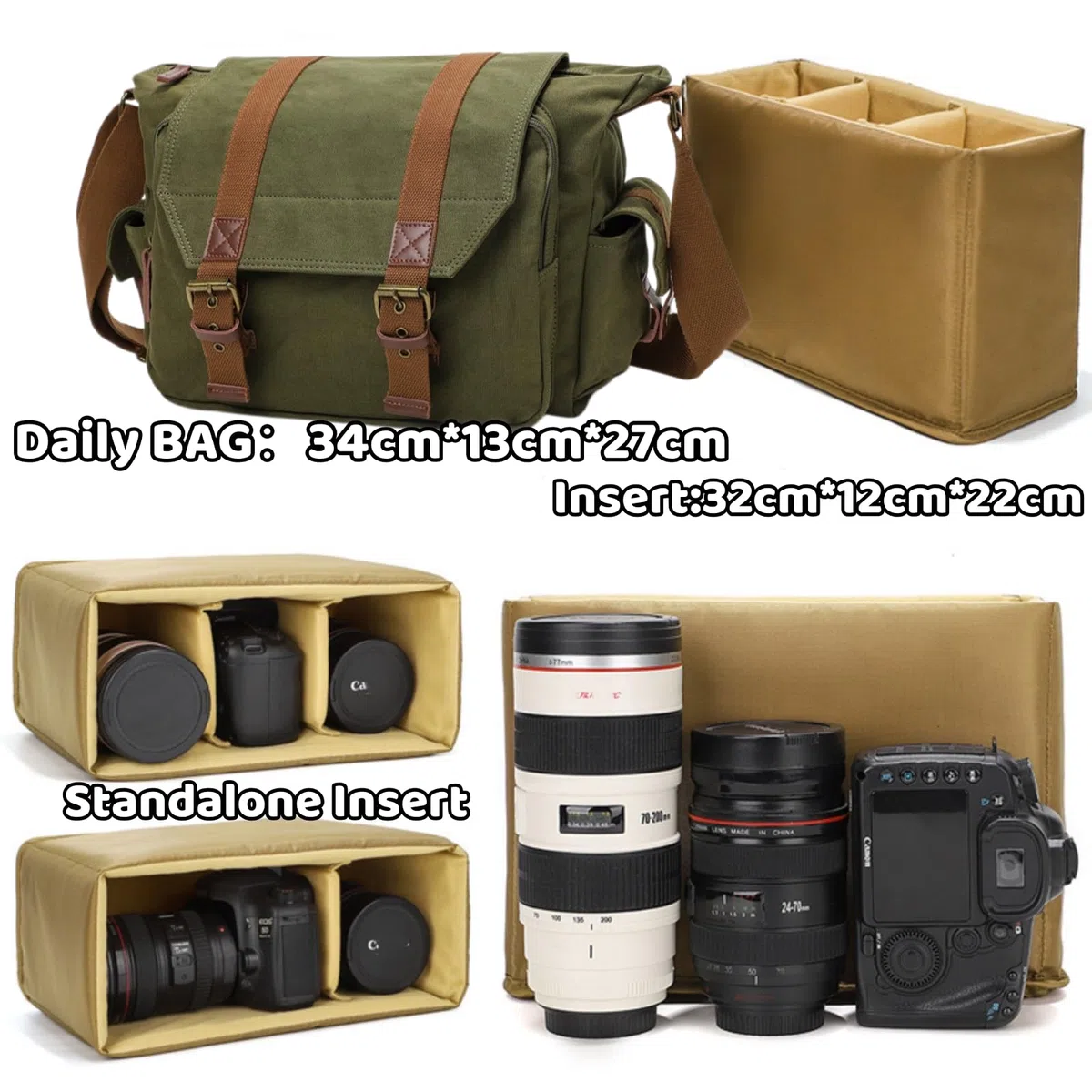 Bolsa Cámara Réflex Lona Bolsa Fotográfica Bandolera con Inserto Extraíble para Cámara DSLR Objetivos Estilo Vintage 34x13x27cm bg507 | Bolsa 2 en 1