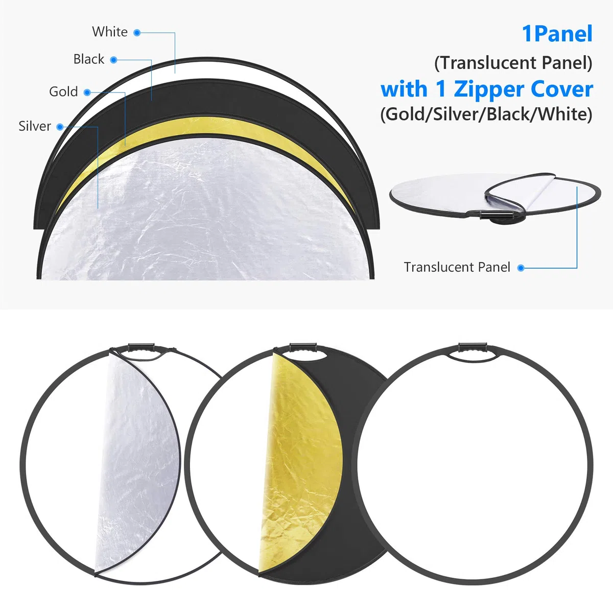 NEEWER Difusor de luz Reflector de luz de 32 Pulgadas 5 en 1, Plegable, multidisco, con Bolsa, translúcido, Plateado, Dorado, Blanco y Negro para Estudio de fotografía, iluminación e iluminación al
