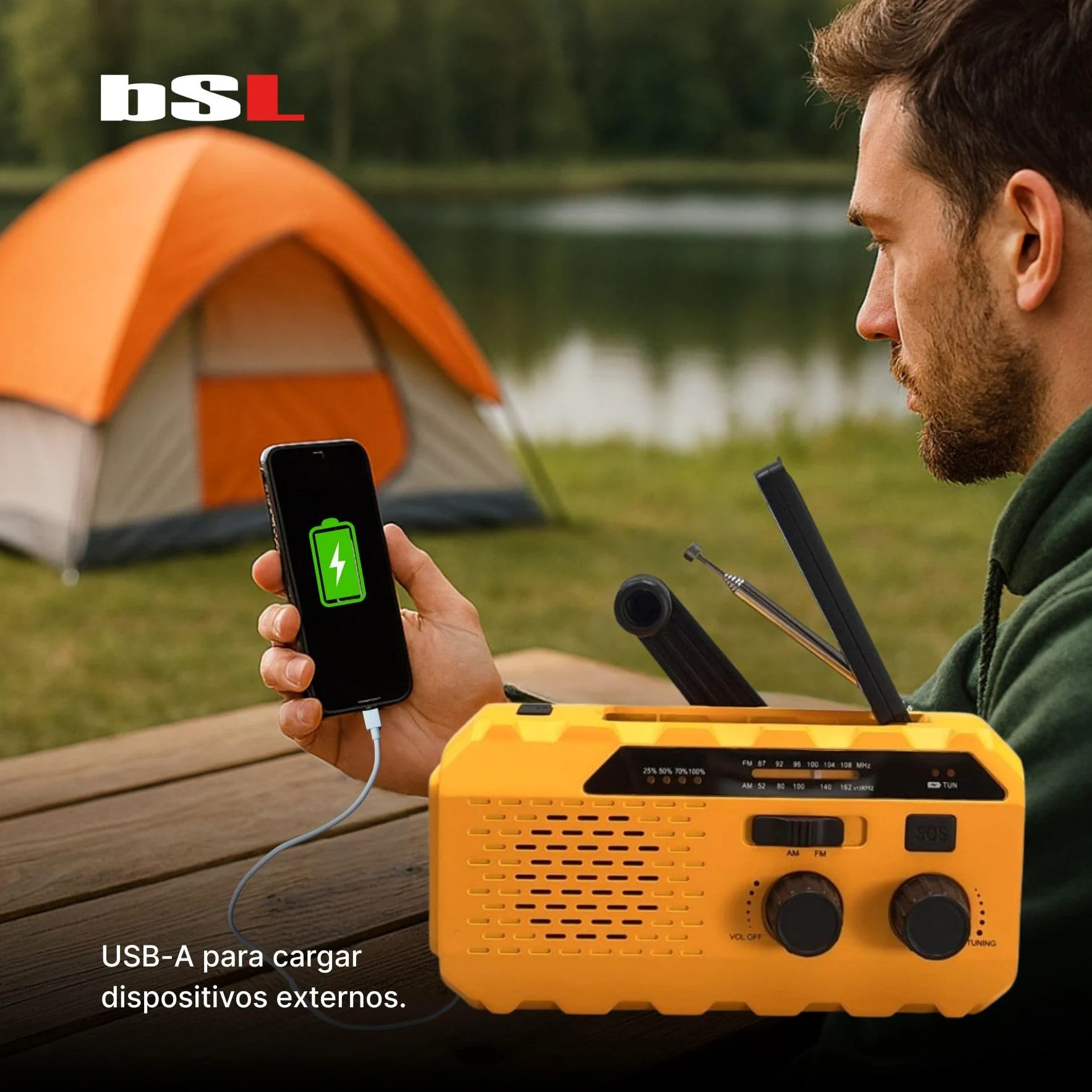 BSL Radio Portátil Am/FM CT-6127 | Carga Solar y manivela Dynamo | Linterna LED | Batería Recargable 2000mAh Almacenamiento y Carga Dispositivos externos | USB-A y USB-C.