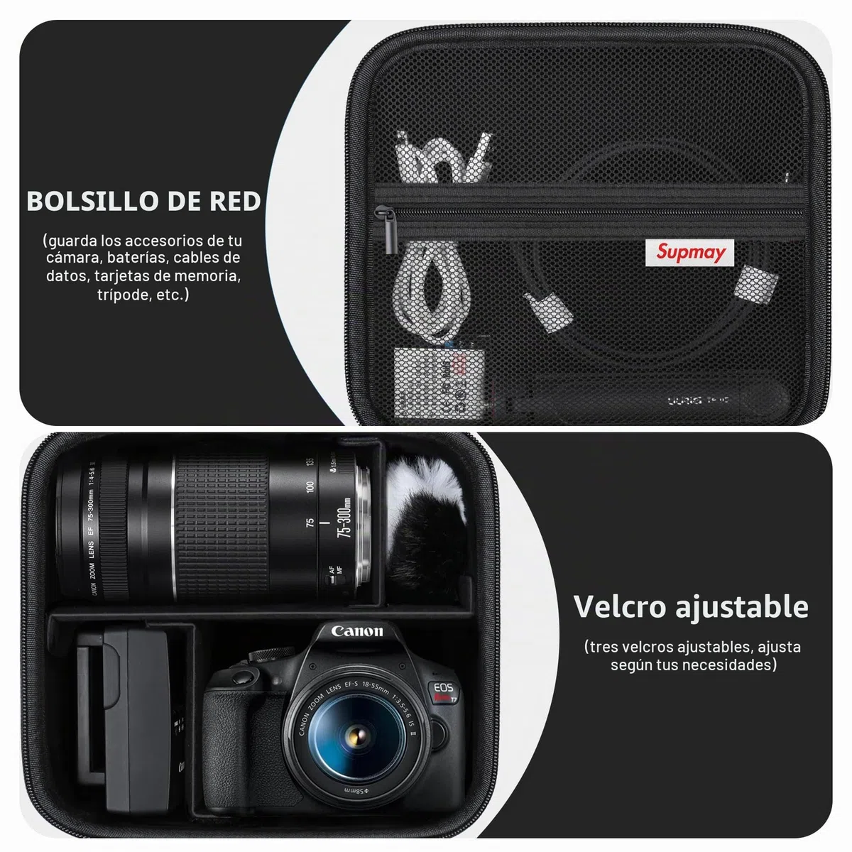 Funda de Viaje Dura para cámara DSLR Canon EOS Rebel T7 / EOS R50 / R6 Mark II / R100 / R50V / R8 / R7 / R10 sin Espejo, Lente, trípode con 3 Piezas de divisores y Correa de Hombro, Negro