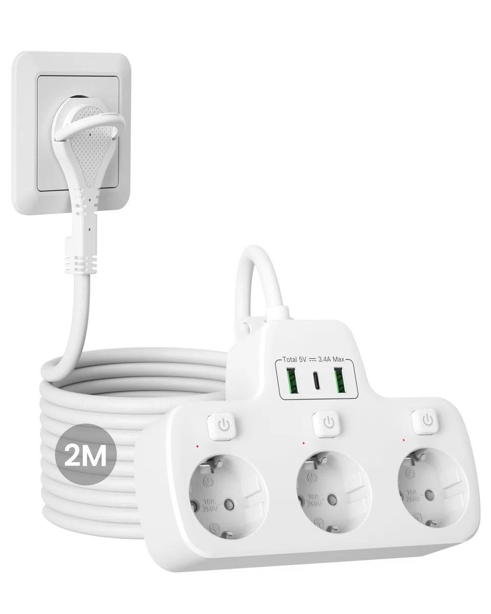 Regleta Enchufes Plano con Interruptor Individual,Ladron Enchufes USB C 3 Tomas Schuko,Enchufe Multiple Pared Clavija Extra Plana,Outlet Extender 2M Alargador Cable,Tomadas Electricas,Blanco
