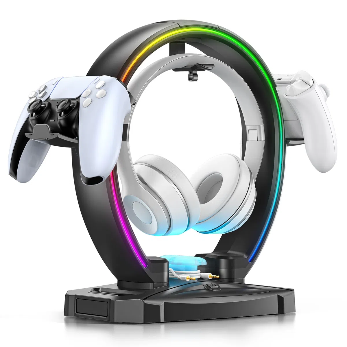 KDD LED Soporte Cascos Gaming con 9 Modos de Luz - Soporte Auriculares & Soporte Mando Plegable con Organizador de Cables - Cascos Porta Auriculares Mesa para Escritorio Gamer Accesorios Gaming PC