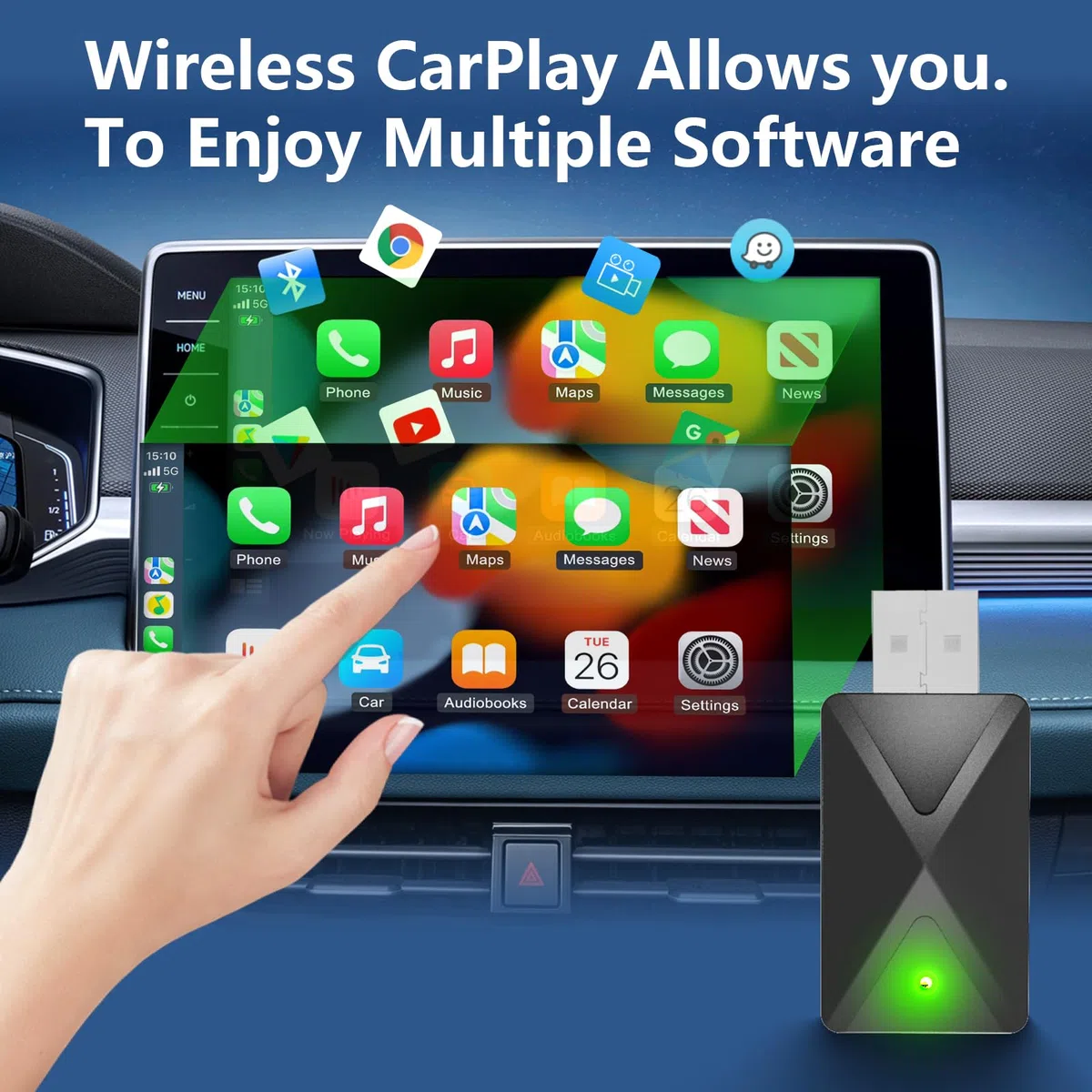 Adaptador inalámbrico 2 en 1 para Apple CarPlay y Android Auto, Conexión Rápida & Sin Retraso, Convierte Android Auto/Car Play Cableado a Inalámbrico para iOS 10+ y Coches de 2017+ (USB-A/C)