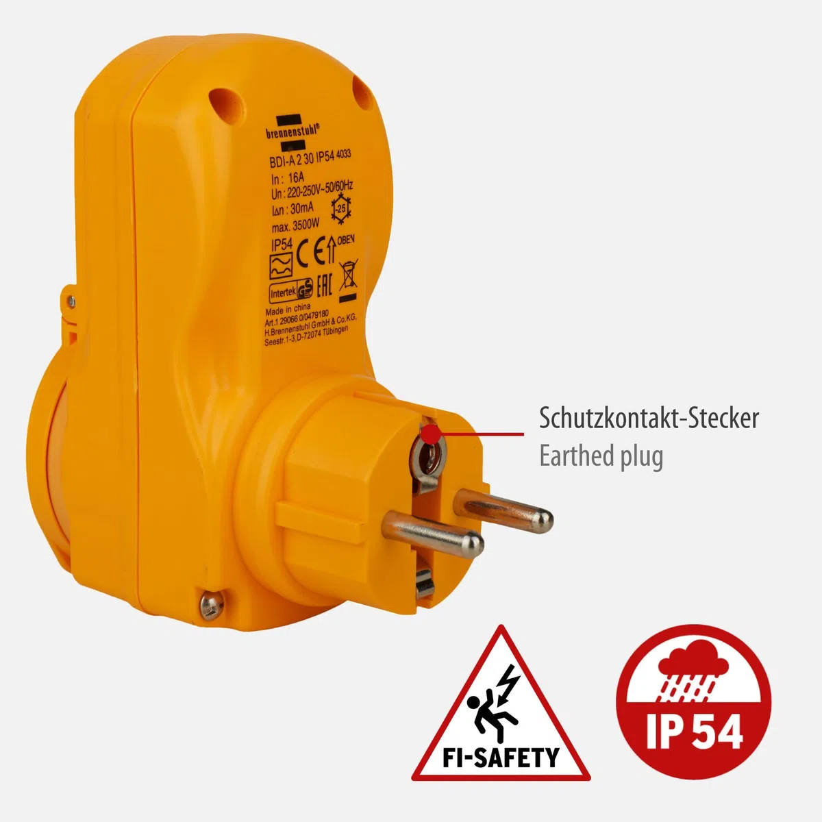 Brennenstuhl Adaptador de protección Personal BDI-A 2 30 IP54 / Enchufe de protección Personal para Uso en Exteriores (desconexión Bipolar, 30 mA)