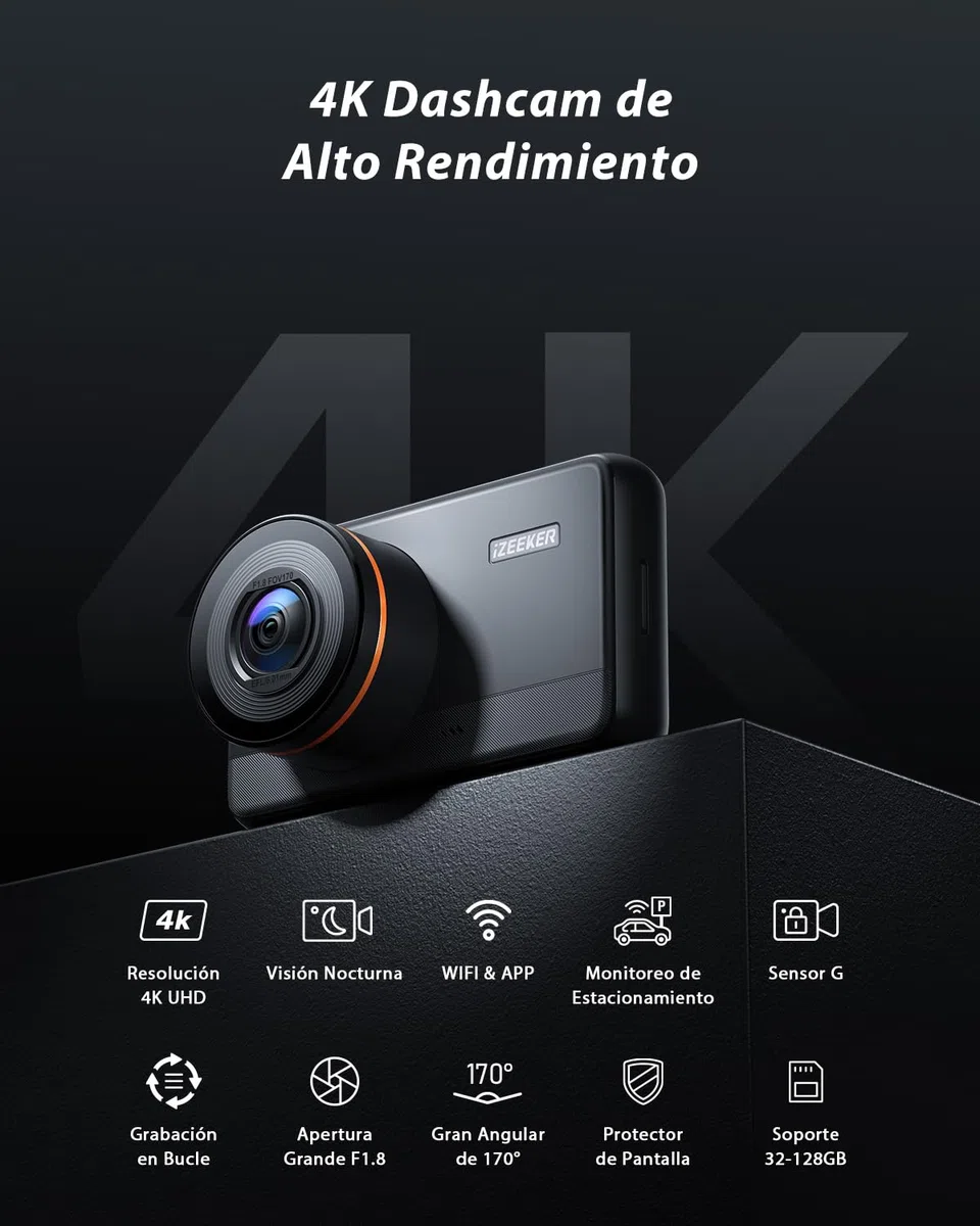 iZEEKER Dashcam 4K, WiFi Cámara de Salpicadero 2160P para Coches, Dash CAM Coche con App, Visión Nocturna, WDR, Grabación en Bucle, Monitor de Aparcamiento, Sensor G, Tarjeta MicroSD de 32 GB