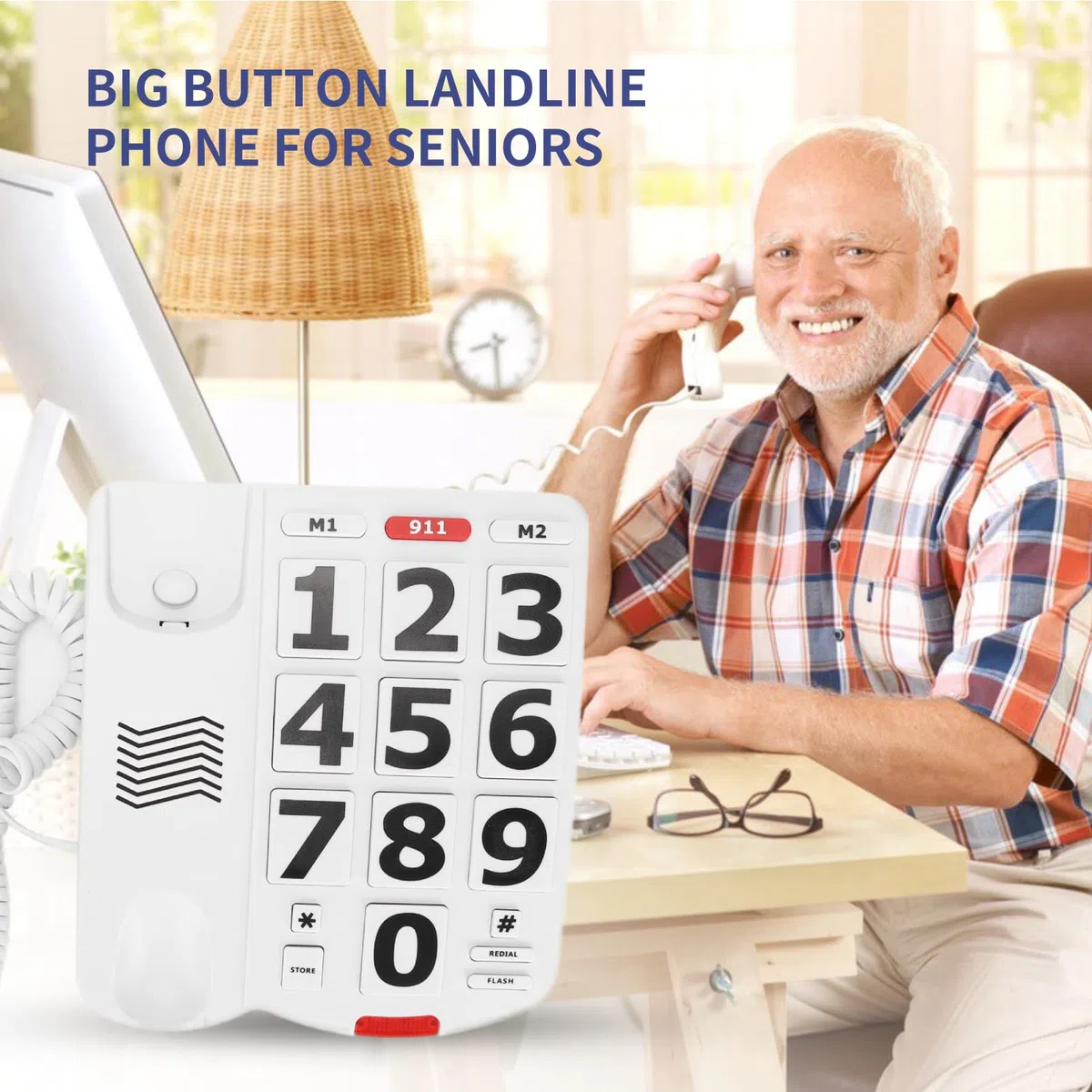 Teléfono de Botón Grande para Personas Mayores, Teléfono Fijo con Cable con Función de Marcación de un Solo Toque Y Timbre Alto, para Personas Mayores con Problemas Auditivos Y Visuales