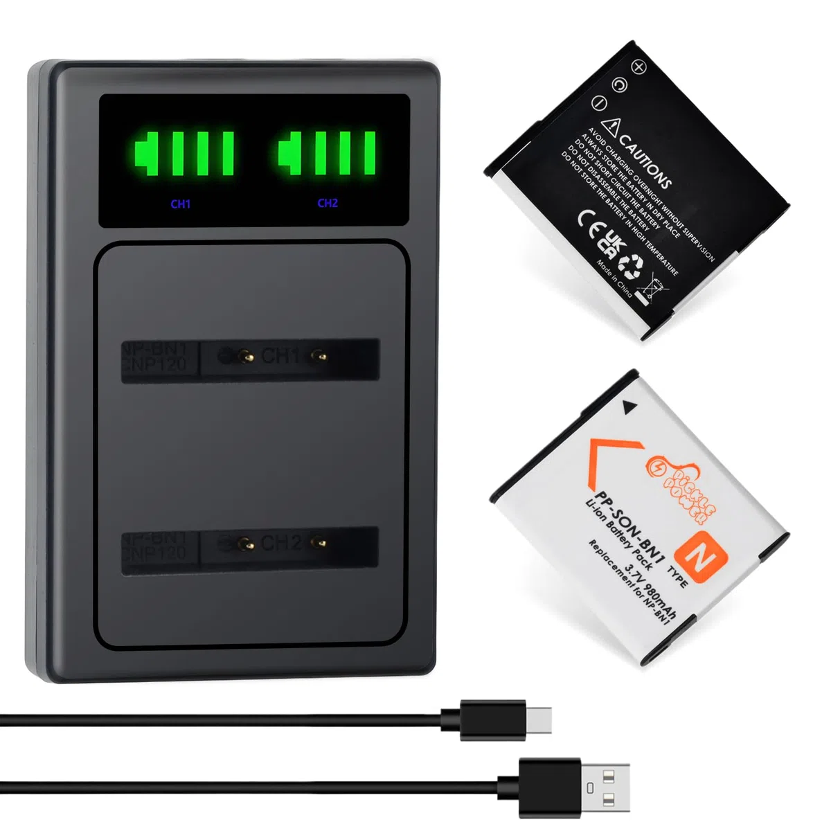 Pickle Power 2 unidades NP-BN1 batería y cargador para Sony Cyber-Shot DSC-WX30 WX50 WX100 WX150 WX200 DSC-TX5 TX10 TX20 TX100 DSC-W530 DSC -W570 DSC-W650 DSC-W800 DSC-W830 DSC-W330 y más