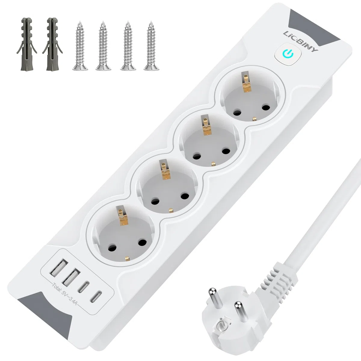 Regletas Enchufes con 2 USB y 2 Type-C, 4 Tomas Enchufes Multiple con Interruptor,3680W/16A Toma de Empotrar de Sobremesa, Enchufe de Superficie Muebles de Cocina, 2M Cables