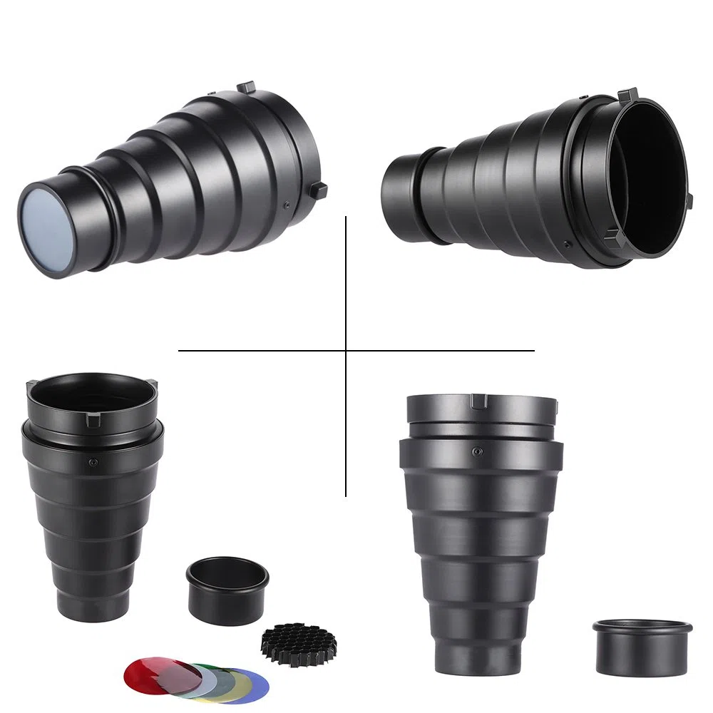 Metal cónico Snoot con rejilla de nido de abeja 5pcs Kit de filtro de color para Bowens Mount Studio estroboscópico Monolight Fotografía Flash