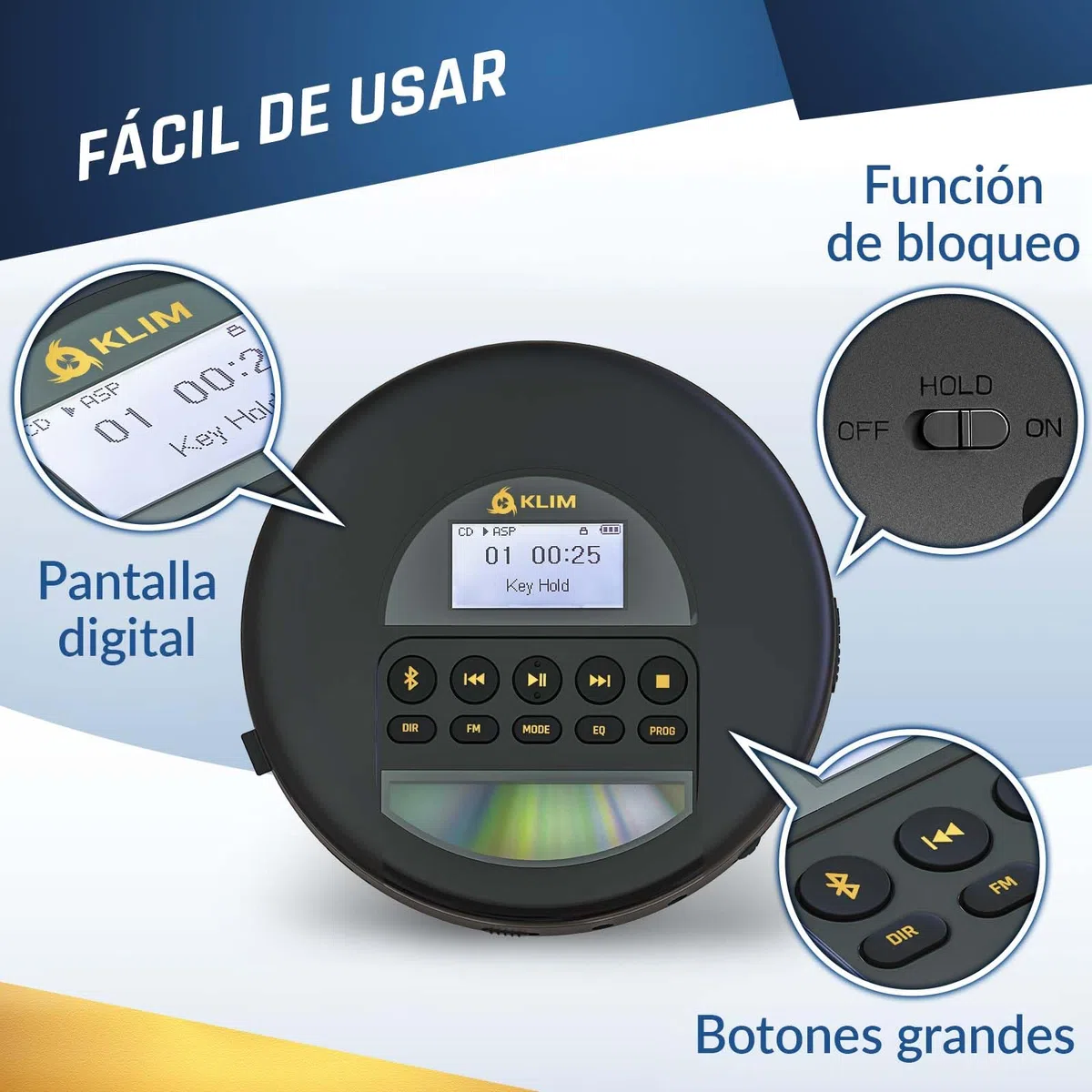KLIM Nomad - Reproductor CD portatil con batería Interna de Larga duración - Nuevo - Auriculares KLIM Fusion - CD Player Mini Compacto - Radio FM Compatible con CD-R, CD-RW MP3 - Oro