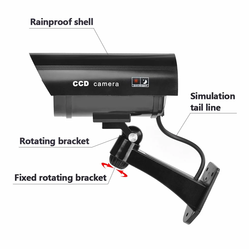 2Pcs Cámara de Vigilancia Simulada CCTV Cámara Ficticia con Soporte de Pared Camaras Falsas de Seguridad,Cámara Dummy con Led Rojo Parpadeante Impermeable Negro,con Pegatinas de Advertencia Tornillos