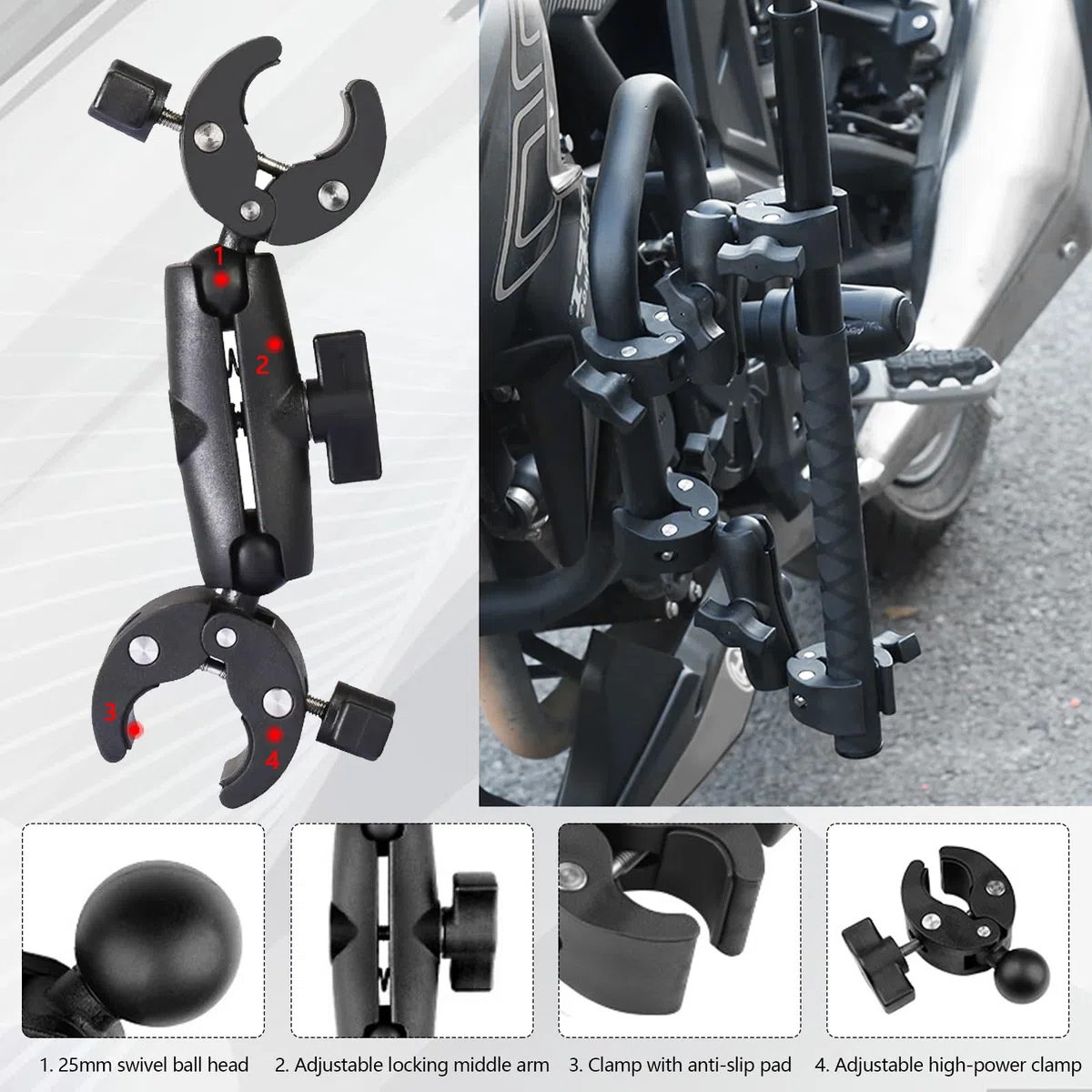 Soporte para Insta360 x4 Cámara Acción en Motocicleta, Accesorios Kit para Insta360 X4 X3 X2 con Rotación de 360 ​​Grados, Doble Abrazadera y Doble Estabilidad, Palo Selfie para Manillar Motocicleta