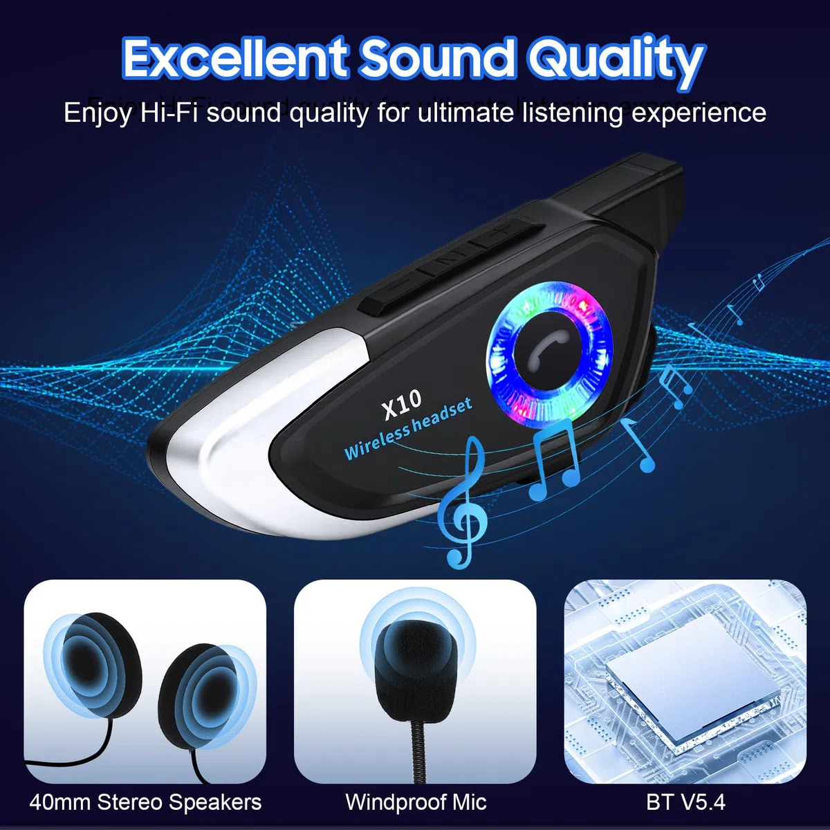 Yosoo Health Gear Auriculares Casco Moto Bluetooth 5.4, Intercomunicador Casco Moto Impermeable IP56 con Cancelación de Ruido, Altavoces 40mm Sonido Hi-Fi, Batería 800mAh 40H