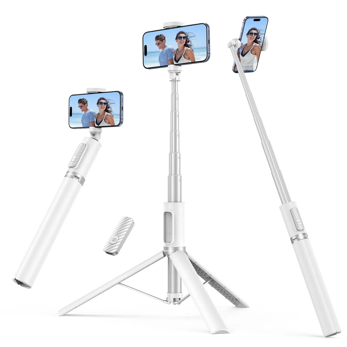 SYNCWIRE Palo Selfie 140cm, Selfie Stick con Ángulo Ajustable y Control Remoto Bluetooth Recargable, Trípode Extensible de Aluminio, Compatible con Teléfonos iPhone y Android （Blanco）
