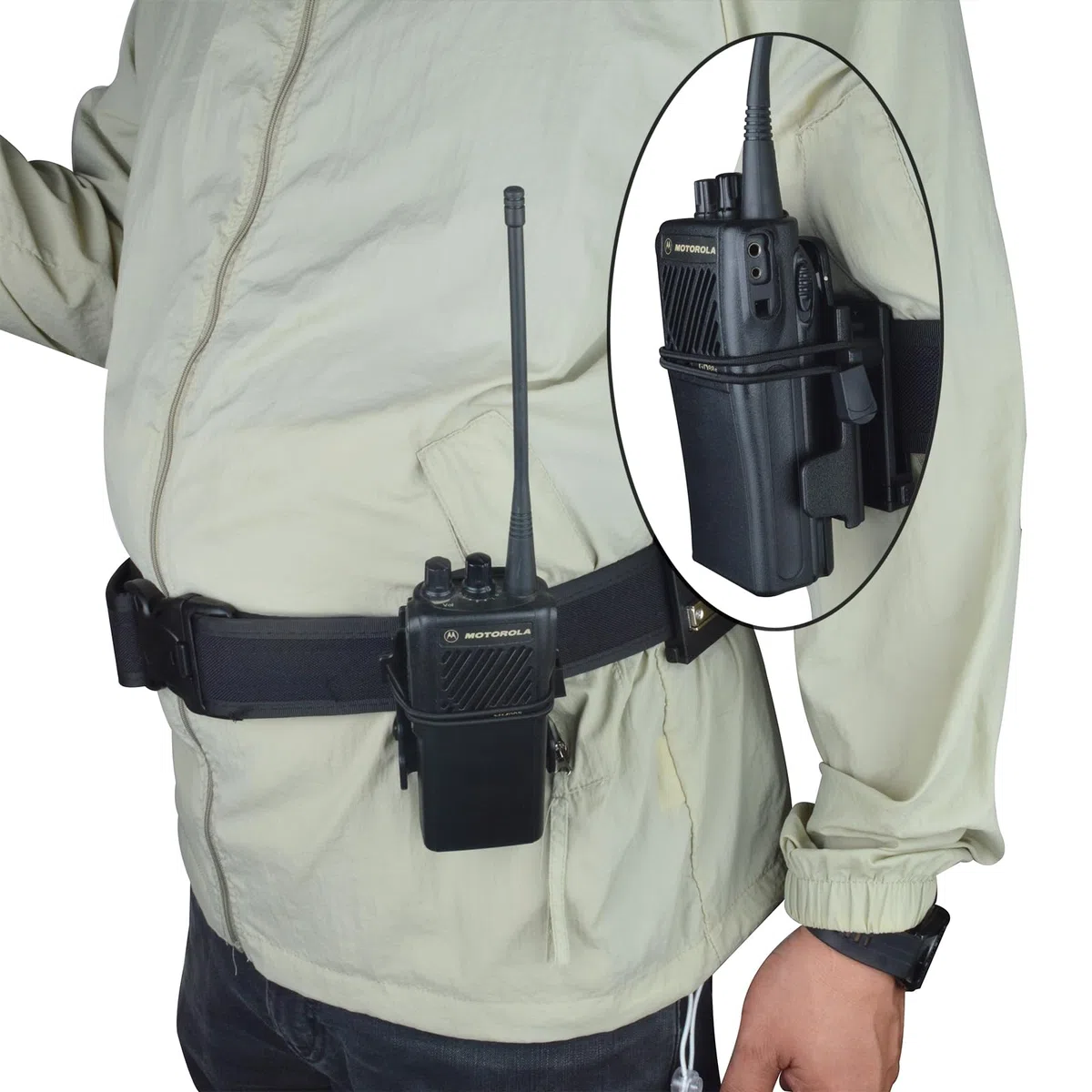 HYS Soporte Walkie Talkie con sistema Molle para cinturones, mochilas, compatible con radio de mano Baofeng Quansheng Motorola y micrófono de altavoz (H-MOLLEBELT)