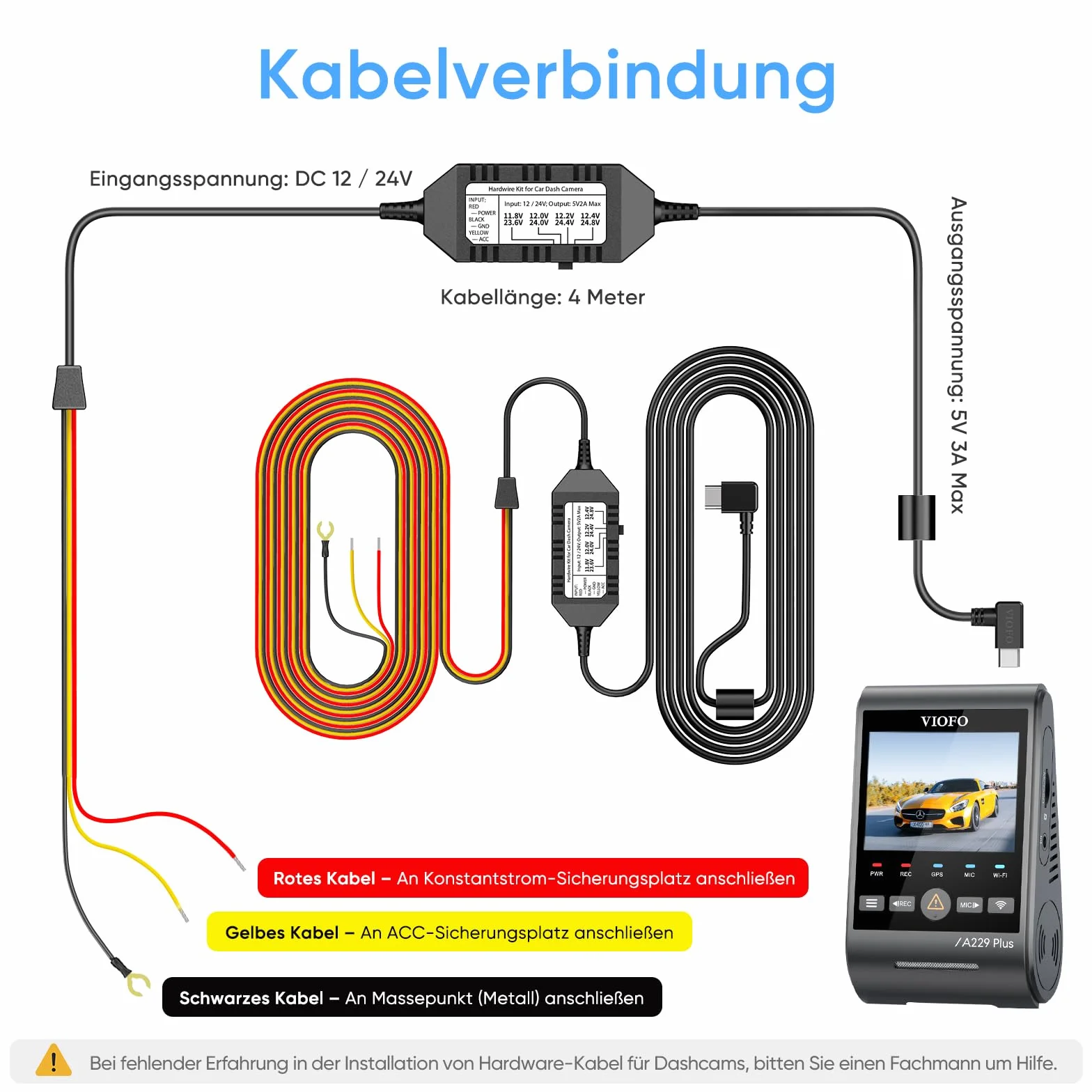 VIOFO HK4 Acc HardWire Kit para A329/T130/A119 Mini 2/WM1/A229/A139 Serie, activa modo de estacionamiento y protección de baja tensión, fusible necesario